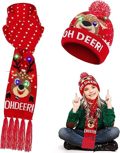 Gorros de Navidad con luz LED, bufanda de punto, gorro de Navidad para adultos y niños, gorro de Navidad cálido para invierno