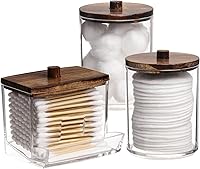 Tbestmax Q-Tips Holder Dispenser, 10oz Cotton Ball Bathroom Organizer Jar with Wood Lids - 3-Pack Apothecary Storage Containers