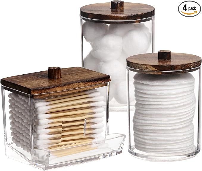 Tbestmax Qtips Holder Bathroom Container, 10/7 OZ Cotton Ball/Swabs Dispenser, Apothecary Jar Organizer for Storage Brown Wood Lids