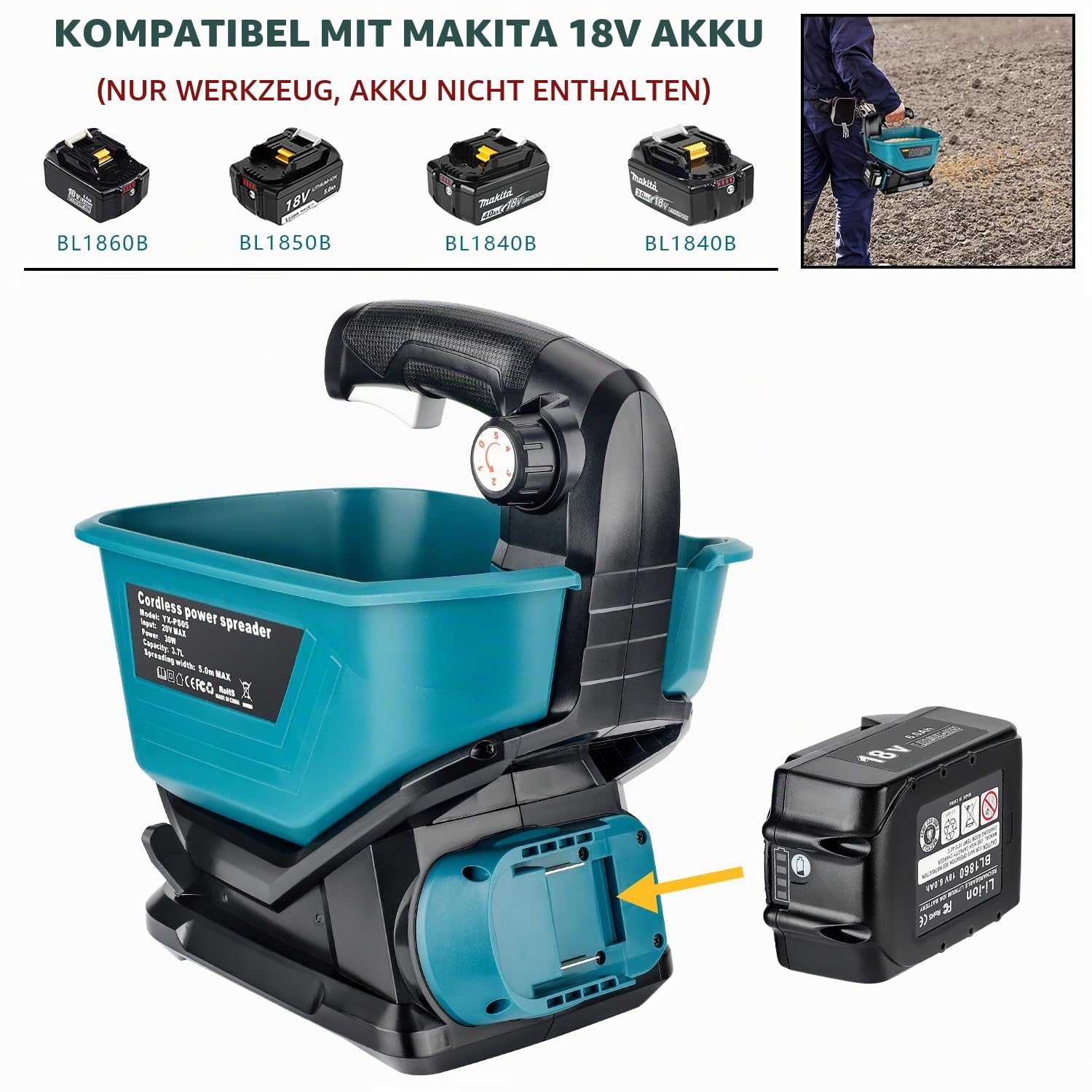 Salzstreuer für Makita 18 V LXT Li-Ion-Akku, handlicher Samen- und Dünger-Streuer Ganzjährige Abdeckung für Grassamen, Steinsalz, Eisschmelzen (nur Werkzeug)