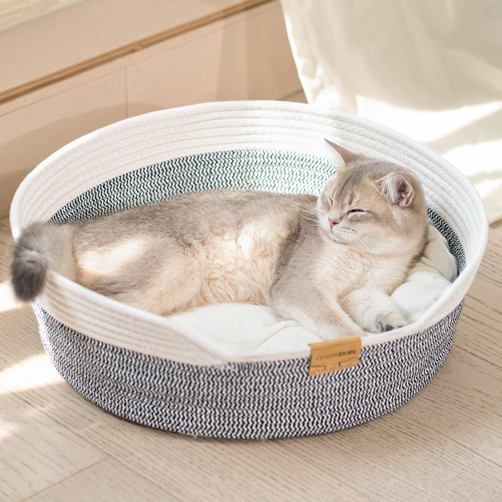 CheerPals Katzenbett mit Kissen, 47cm Waschbar Katzenkorb aus Baumwollseilen geflochten, zum Schlafen für Alle Katze, All Season Universal
