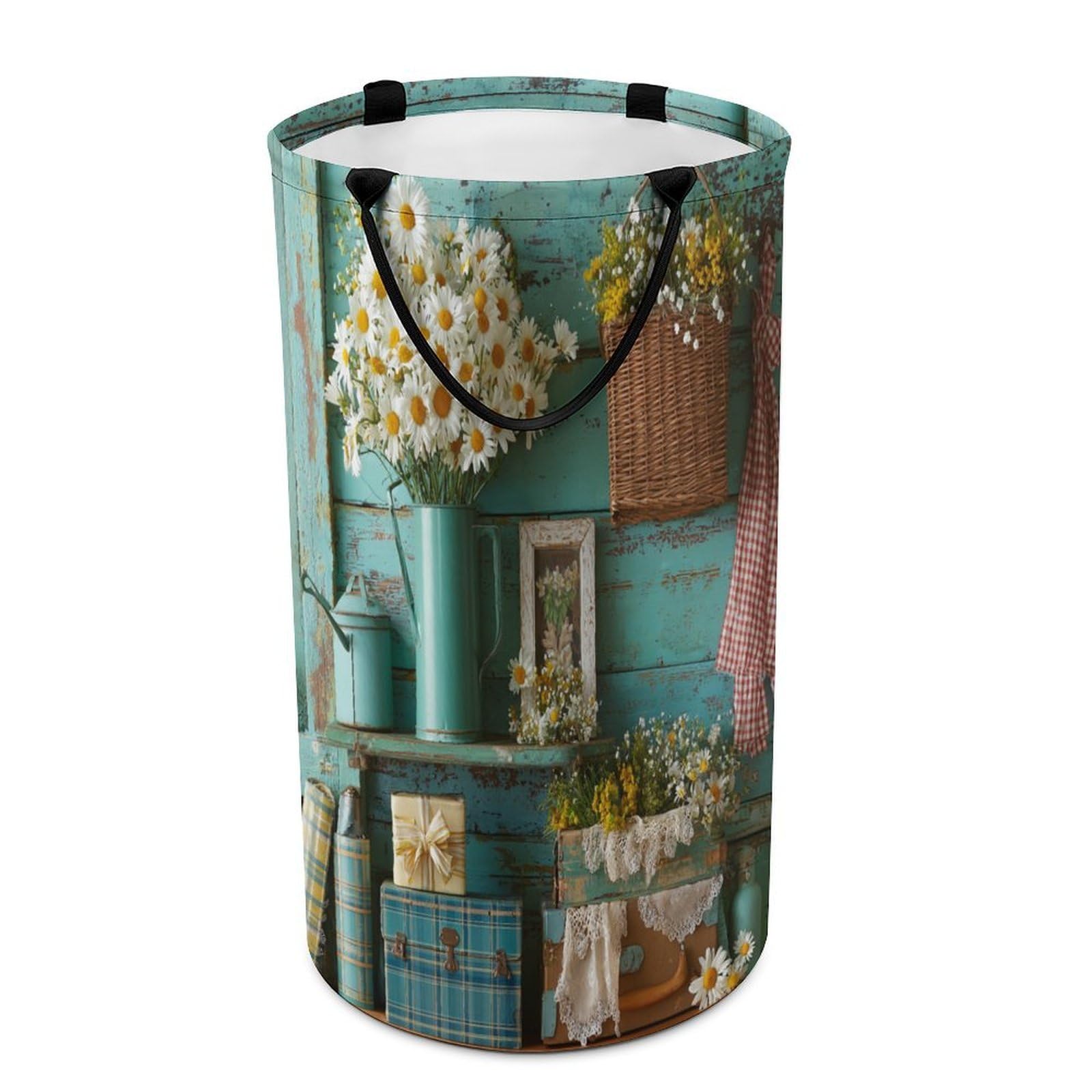 LUYYSKY Classic Realistic Daisy Floral Versatile Storage Laundry Basket, Vintage Abstract Country Farm Farmhouse Daisies Flowers Large Capacity Bathroom Hamper With Handle