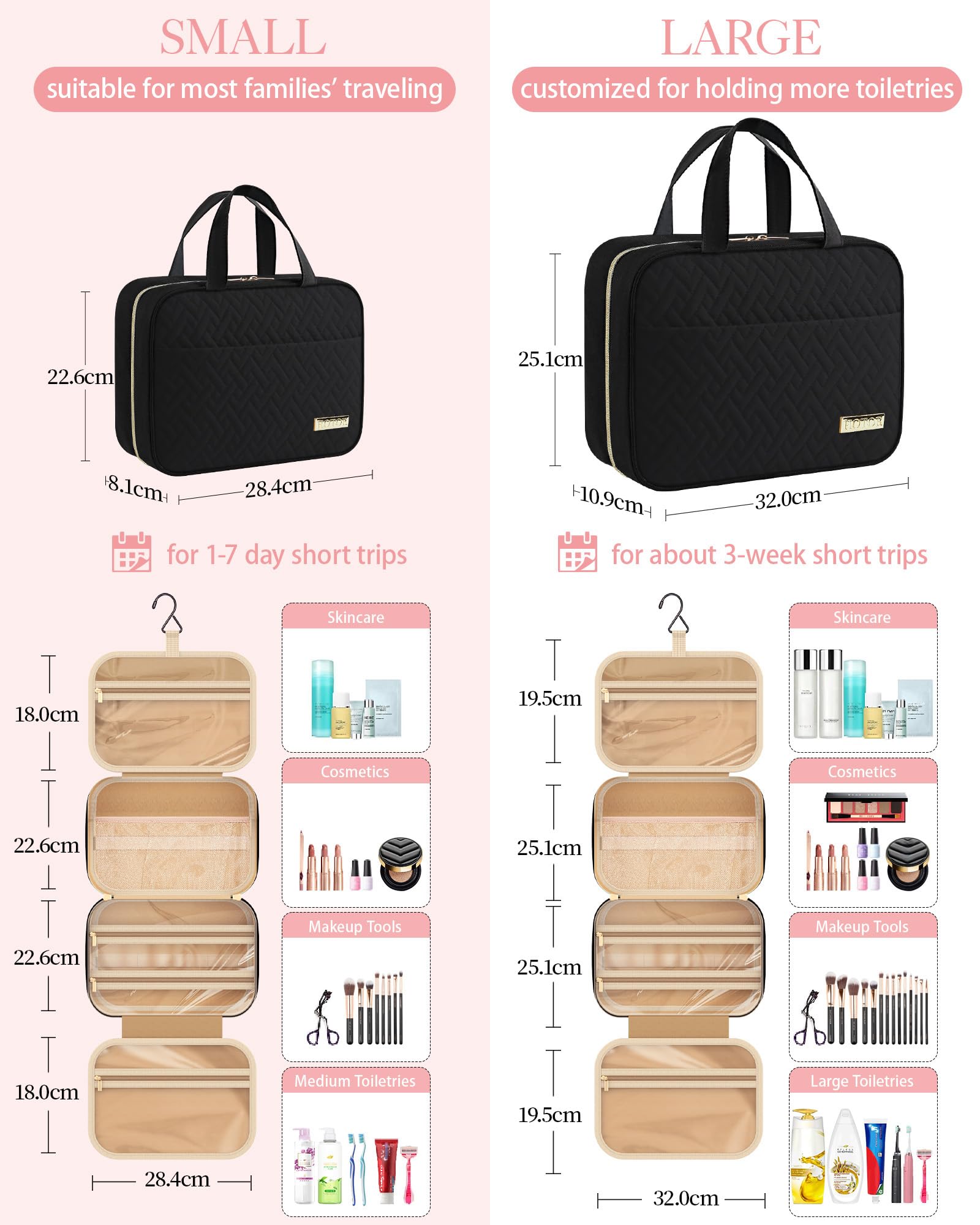HOTOR Travel Toiletry Bag - Toiletry Bags for Women with Hanging Hook - Spacious Travel Bags for Women/Big Comparment, Makeup Bag Waterproof Travel Essentials, Black, 28.4 x 22.6 x 8.1 cm — view 3