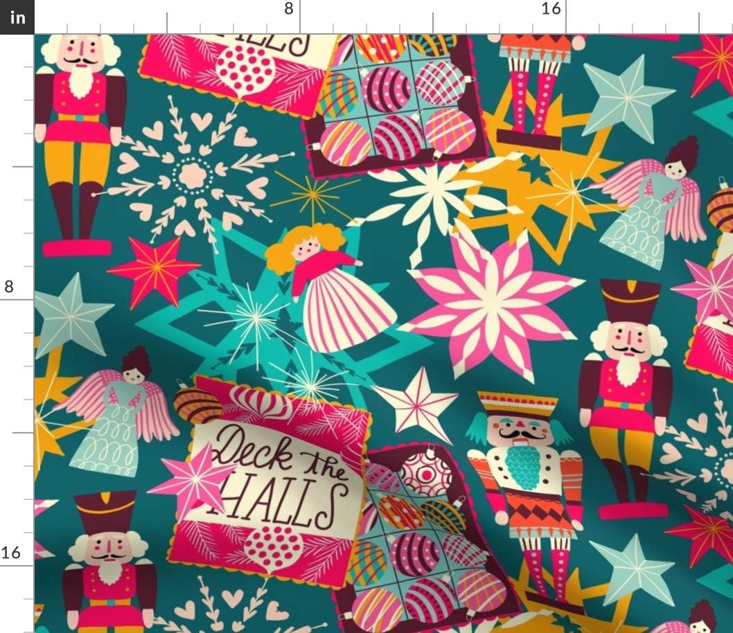 Spoonflower Fabric - Deck Colorful Xmas Teal Medium Scale Stars Angels Ornaments Nutcracker Printed on Petal Signature Cotton Fabric by The Yard - Sewing Quilting Apparel Crafts Decor