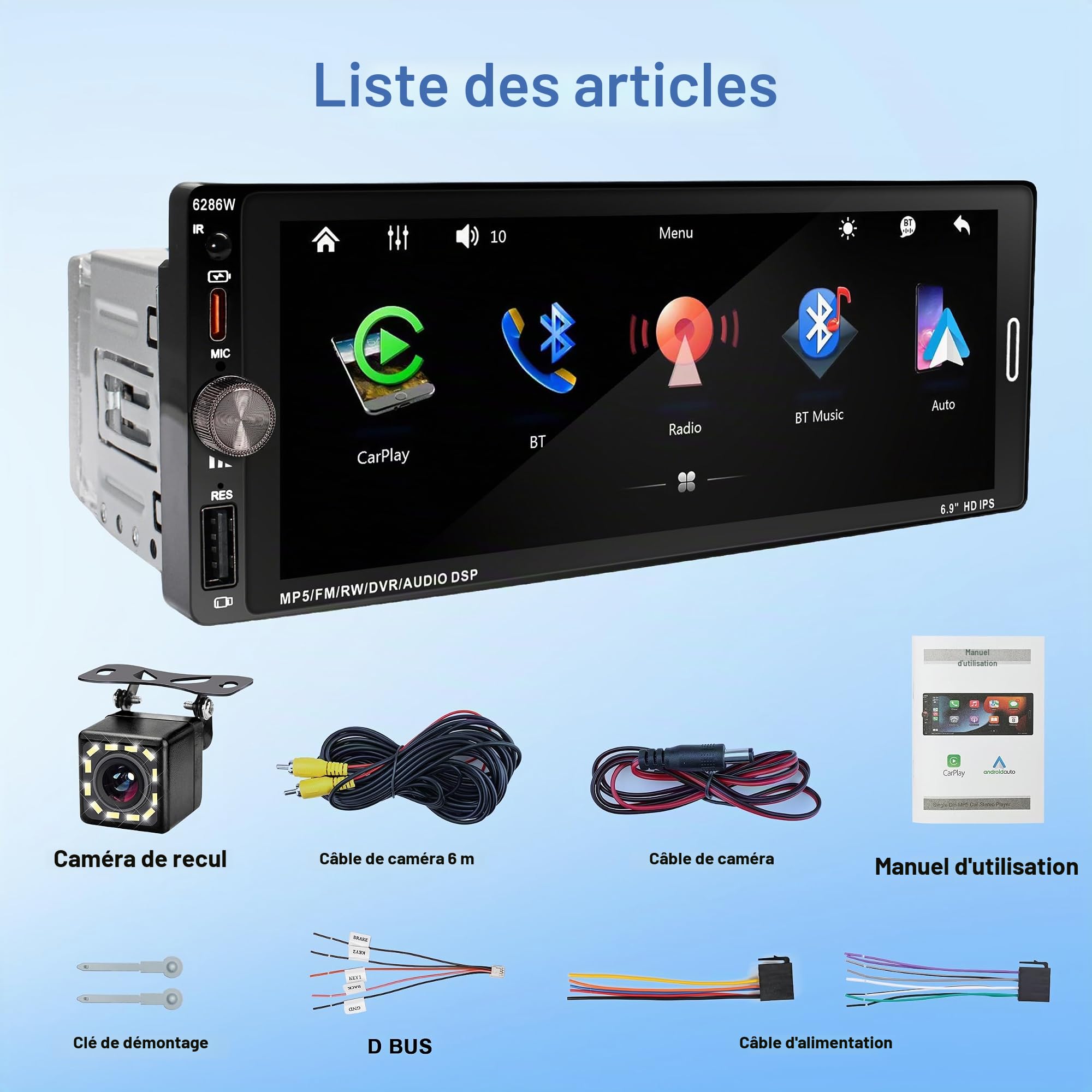 Autoradio 1 DIN BT, écran Tactile 6,9 ​​Pouces, Compatible CarPlay et Android Auto,FM, kit Mains Libres, Microphone, Charge Rapide, caméra embarquée, USB/Type-C