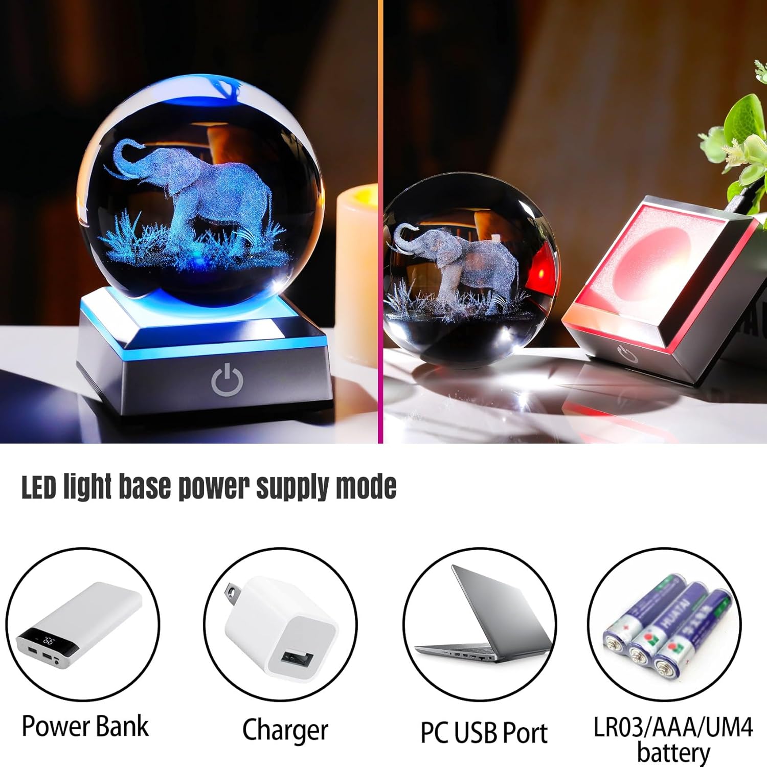 Crystal Balls 3D Elephant with LED Colorful Base, 3.15" Glass Animal Sphere, Elephant Gifts for Women Mom for Birthday Christmas Office Home Decor