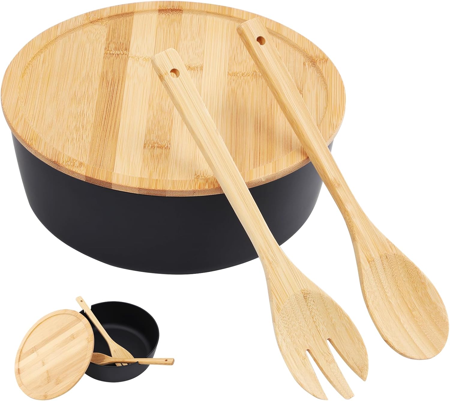 Large Serving Bowl with Bamboo Lid and Utensils - 11.25 Inch Multipurpose Mixing Bowl for Salad, Pasta, Fruit, and Food Prep - Includes 12-Inch Bamboo Fork & Spoon (134OZ Black)