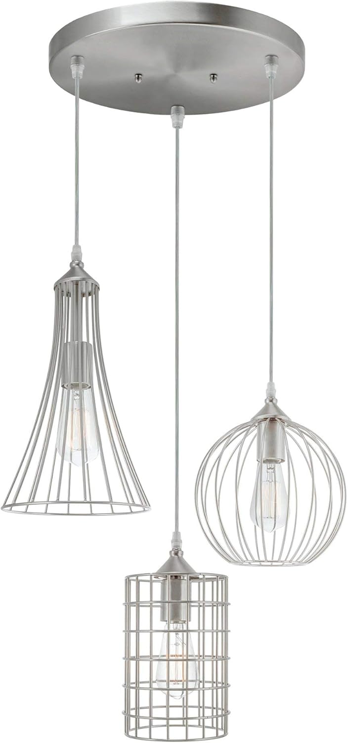 Kira Home Wyatt 11.5" Modern Industrial 3-Light Cluster Pendant Chandelier + Wire Cage Metal Shades, Customizable Height, Brushed Nickel Finish Kira Home Wyatt 11.5" Modern Industrial 3-Light Cluster Pendant Chandelier + Wire Cage Metal Shades, Customizable Height, Brushed Nickel Finish
