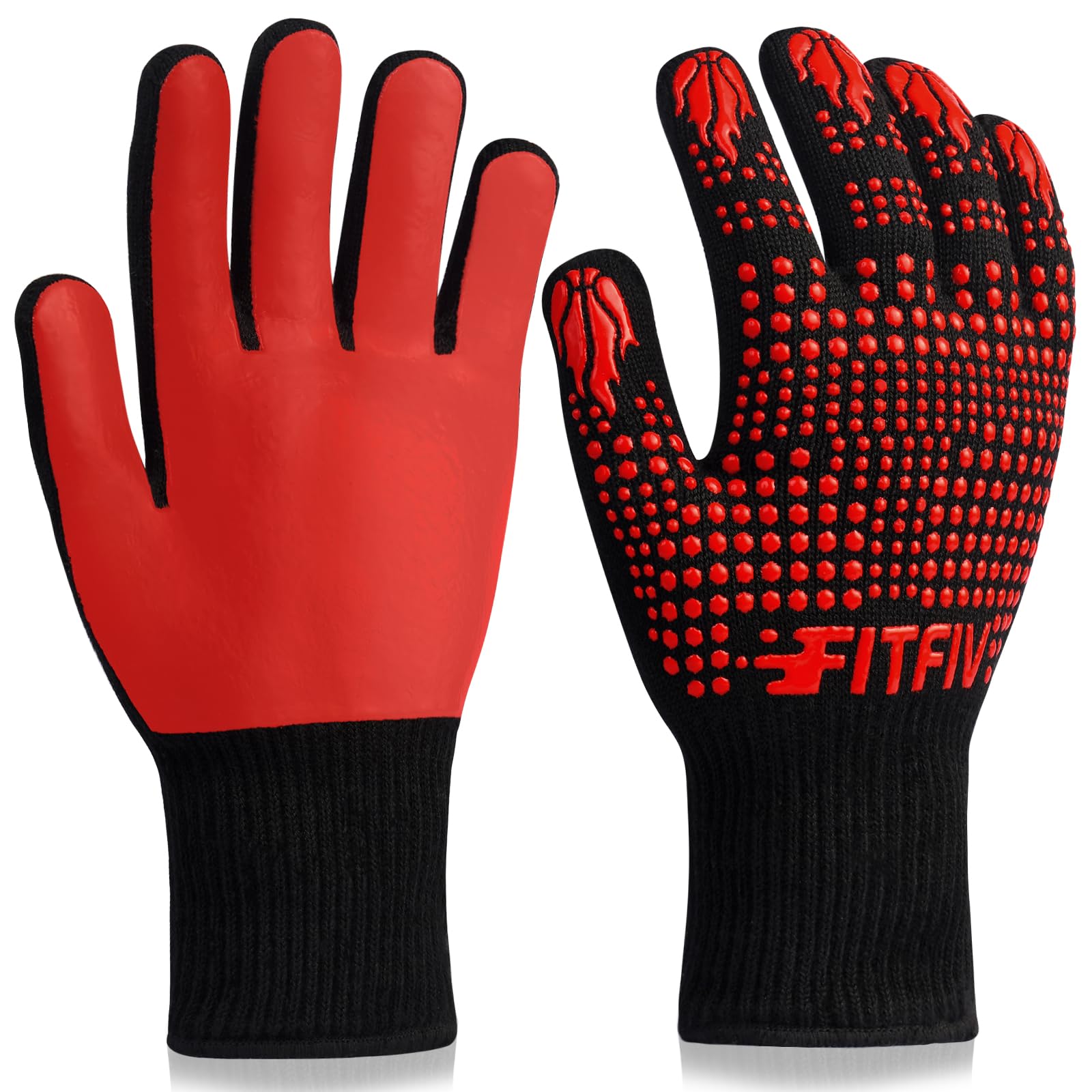 BBQ Gloves, Oven Gloves, 1472°F Extreme Heat Resistant Barbecue Gloves, Silicone Non-Slip Oven Mitts, Kitchen for Cooking, Grilling, and Baking (Red)
