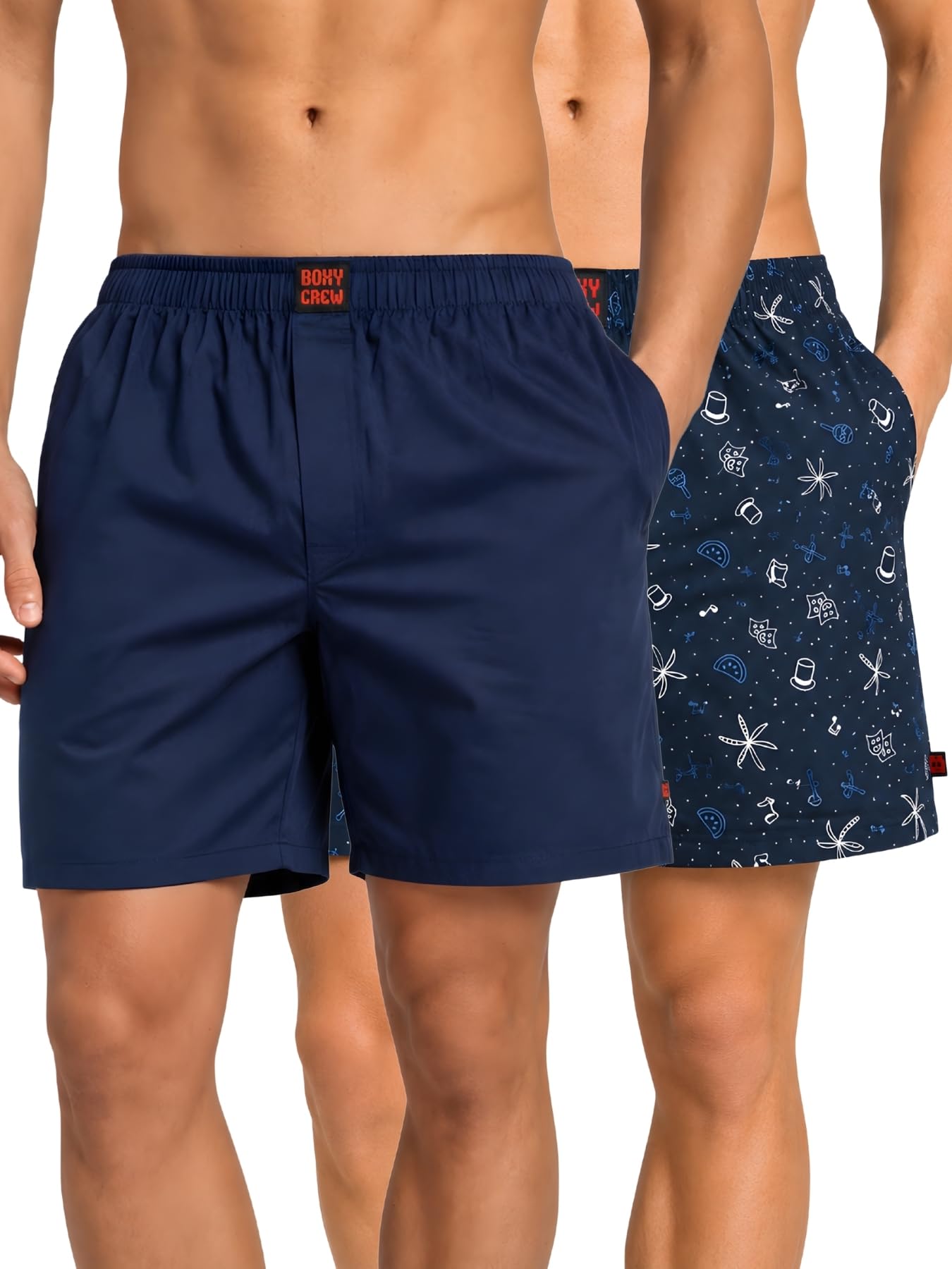 boxy crew Men Boxer Shorts Pack of 2, 100% Cotton Woven Boxers, Navy Blue, Solid & Printed Designs, Dual Side Pockets, No-Marks Inner Elastic Waistband, Relaxed Fit Lounge & Sleep Shorts-picture-39