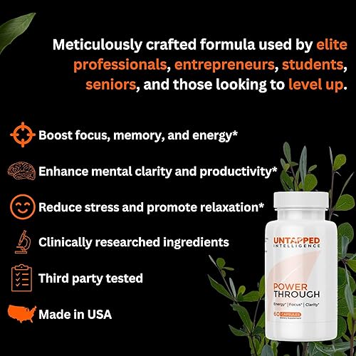 Miniatura 4 de Power Through - Suplemento cerebral nootrópico para memoria y concentración con L-teanina, Bacopa Monnieri, Rhodiola Rosea, B12, píldoras