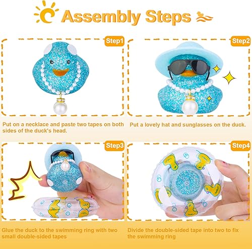 Miniatura 4 de Adorno de pato de lentejuelas para automóvil, pato de goma para decoración de salpicadero, accesorios con mini sombrero de sol, anillo de natación,