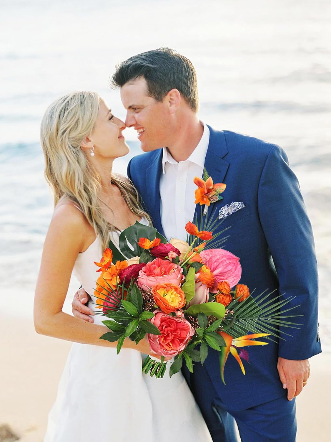 Rinlong 14.5" Tropical Wedding Bouquets for Bride, Orange & Hot Pink Silk Flowers for Beach Ceremony, Ready to Use Premade Lifelike Floral for Summer Destination Wedding