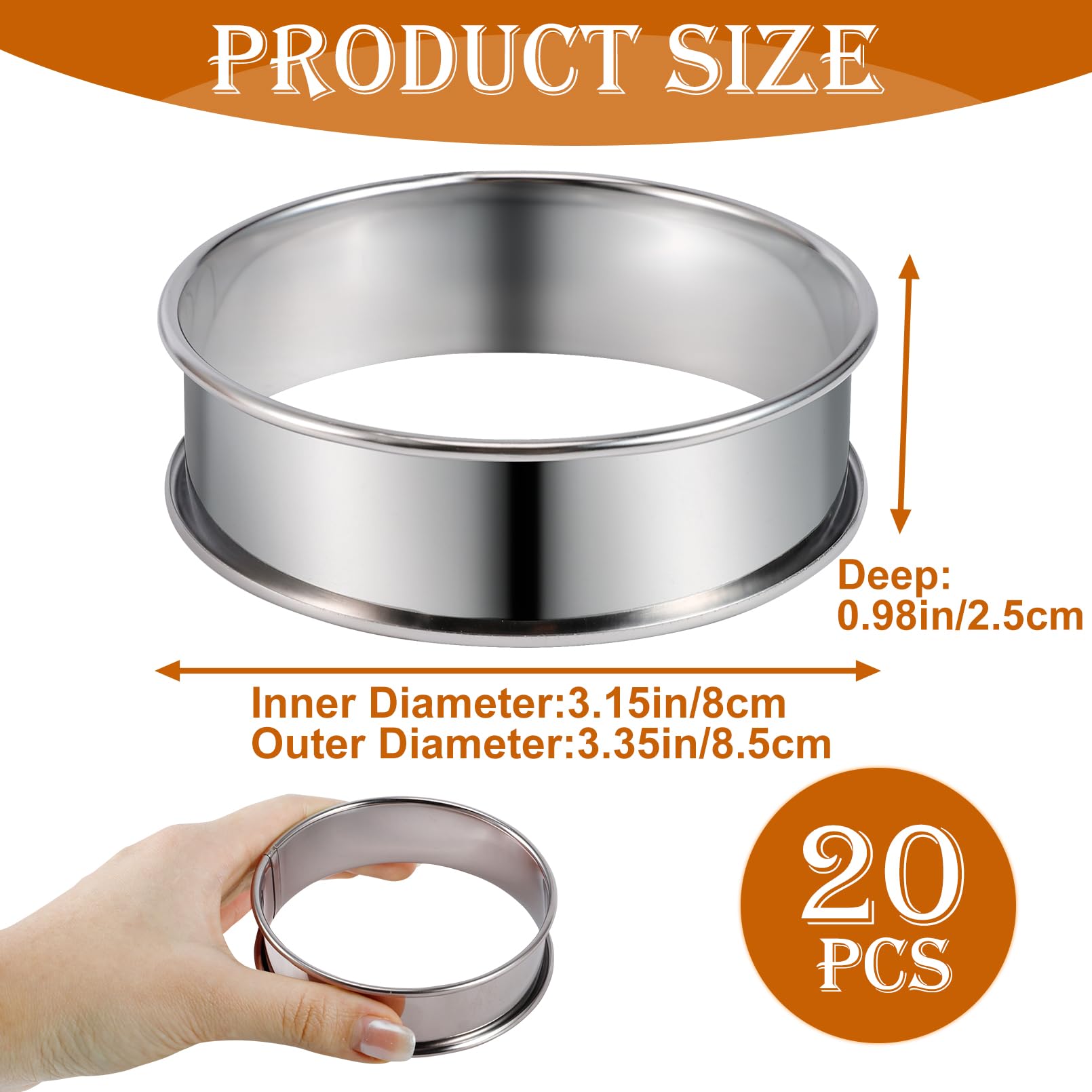 Dyrfolm 20 Pcs English Muffin Rings,3 Inch Stainless Steel Crumpet Rings,Double Rolled Tart Rings,Round Metal Muffin Tart Ring Molds for Home Baking,Kitchen Baking