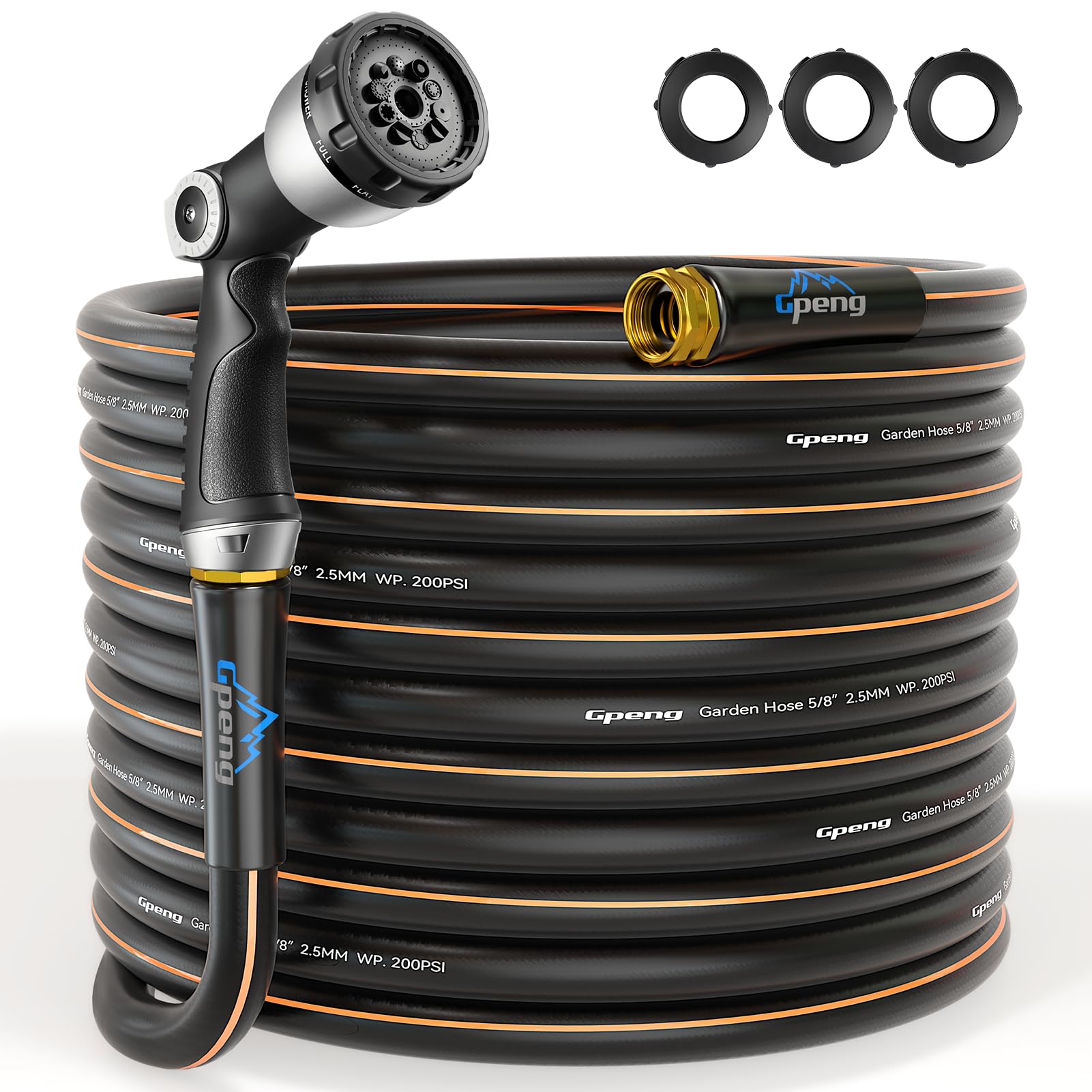 Gpeng Heavy Duty Garden Hose, 50ft x 5/8" Water Hose, Flexible Hybrid Hose with 10-Pattern Spray Nozzle, Swivel Handle, Male to Female Fittings, Burst 600 PSI