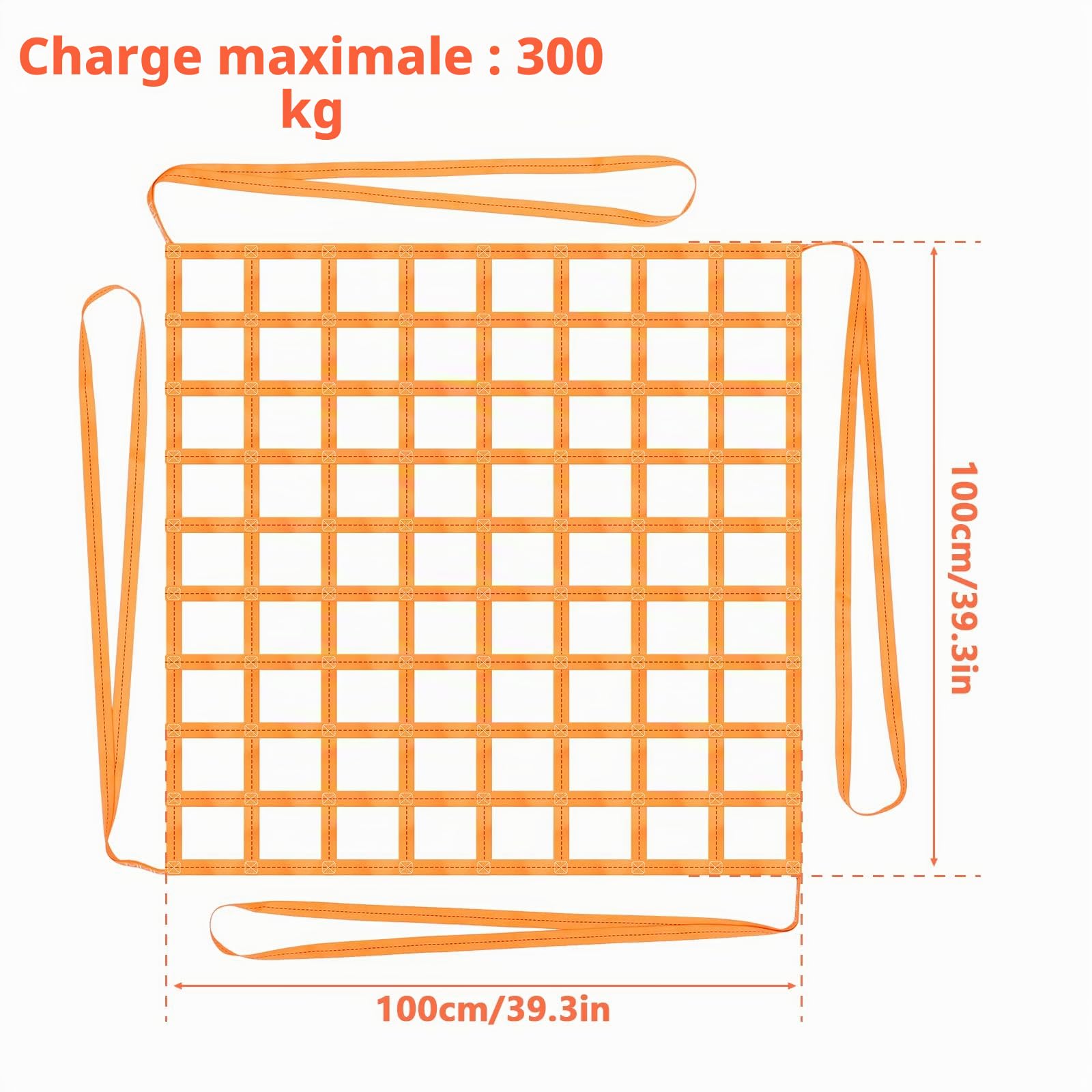 Filet de levage de 1 x 1 m, filet de chargement, filet de ceinture, filet de sécurité de charge, capacité de charge de 300 kg, résistance à la déchirure de la masque, résistance à l'usure, pour