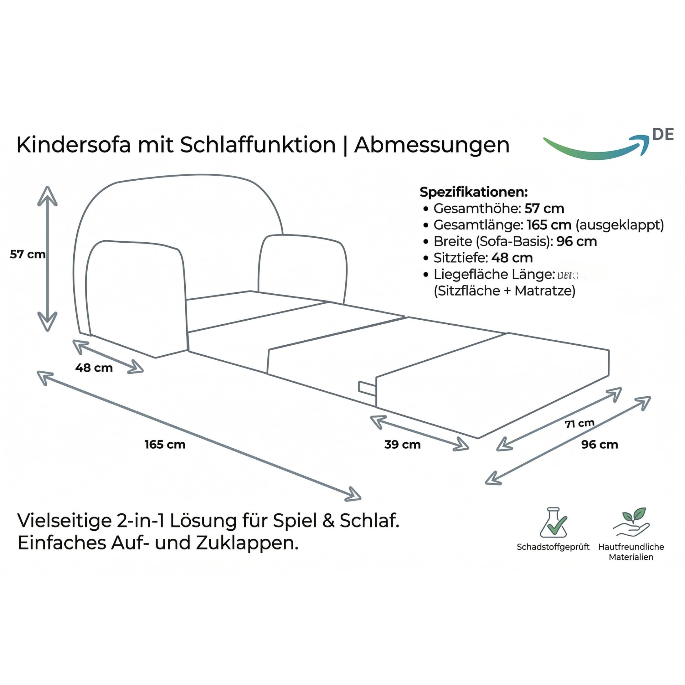 FORTISLINE Kindersofa XXL ausklappbar 96x57x48 cm - Kindercouch aus Cord mit Liegefläche 165 cm, Kinderzimmer Sofa mit 2 Kissen, Abnehmbarer waschbarer Bezug, Oeko-TEX Standard 100