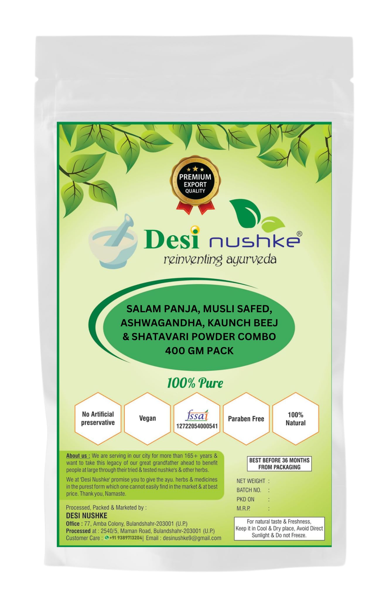 Salam Panja, Musli Safed, Shatavari, Ashwagandha & Kaunch beej Powder Combo |400gm | Boost Power, Stamina, Energy |Natural & Herbal Powder for Men | 2 Months Pack