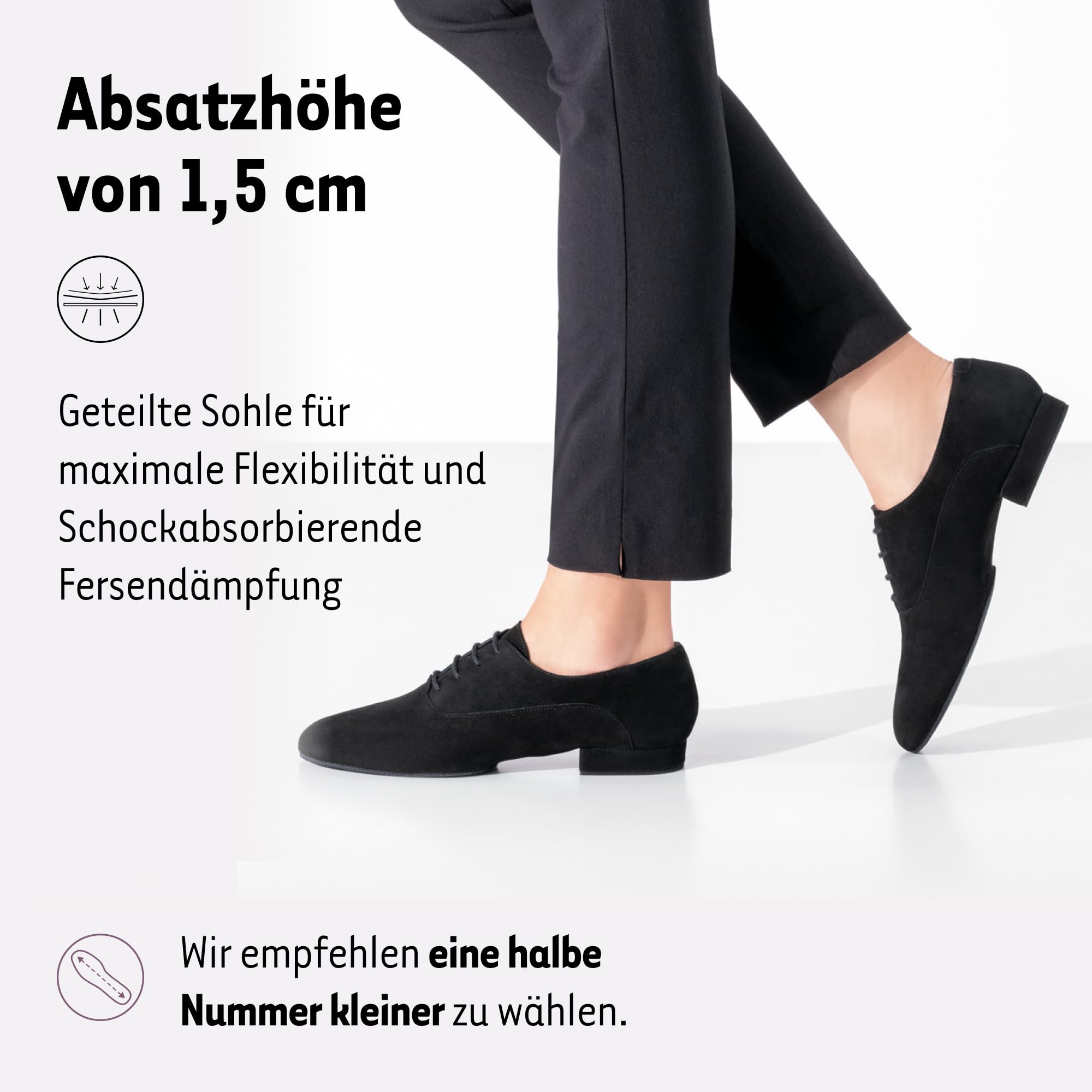 Werner Kern Tanzschuhe Damen Runa | Trainerschuhe Schwarz für Standard, Salsa & Bachata | Absatzschuh (1,5 cm) mit geteilter Sohle | Geschlossen, Veloursleder | Made in Italy | 32-43 EU