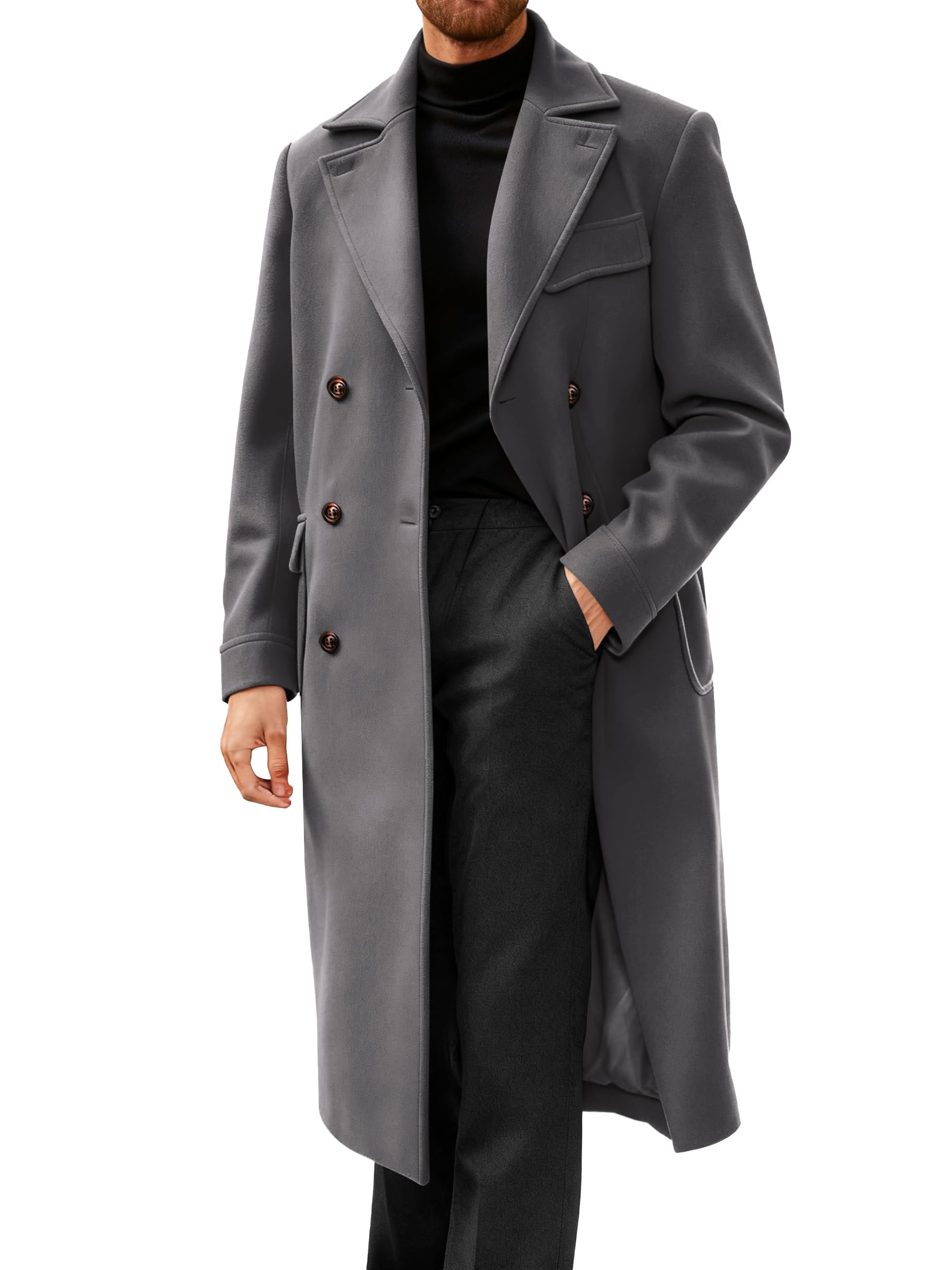runcati Mens Trench Coat Notch Lapel Double Breasted Peacoat Wool Blend Casual Long Overcoat-picture-42
