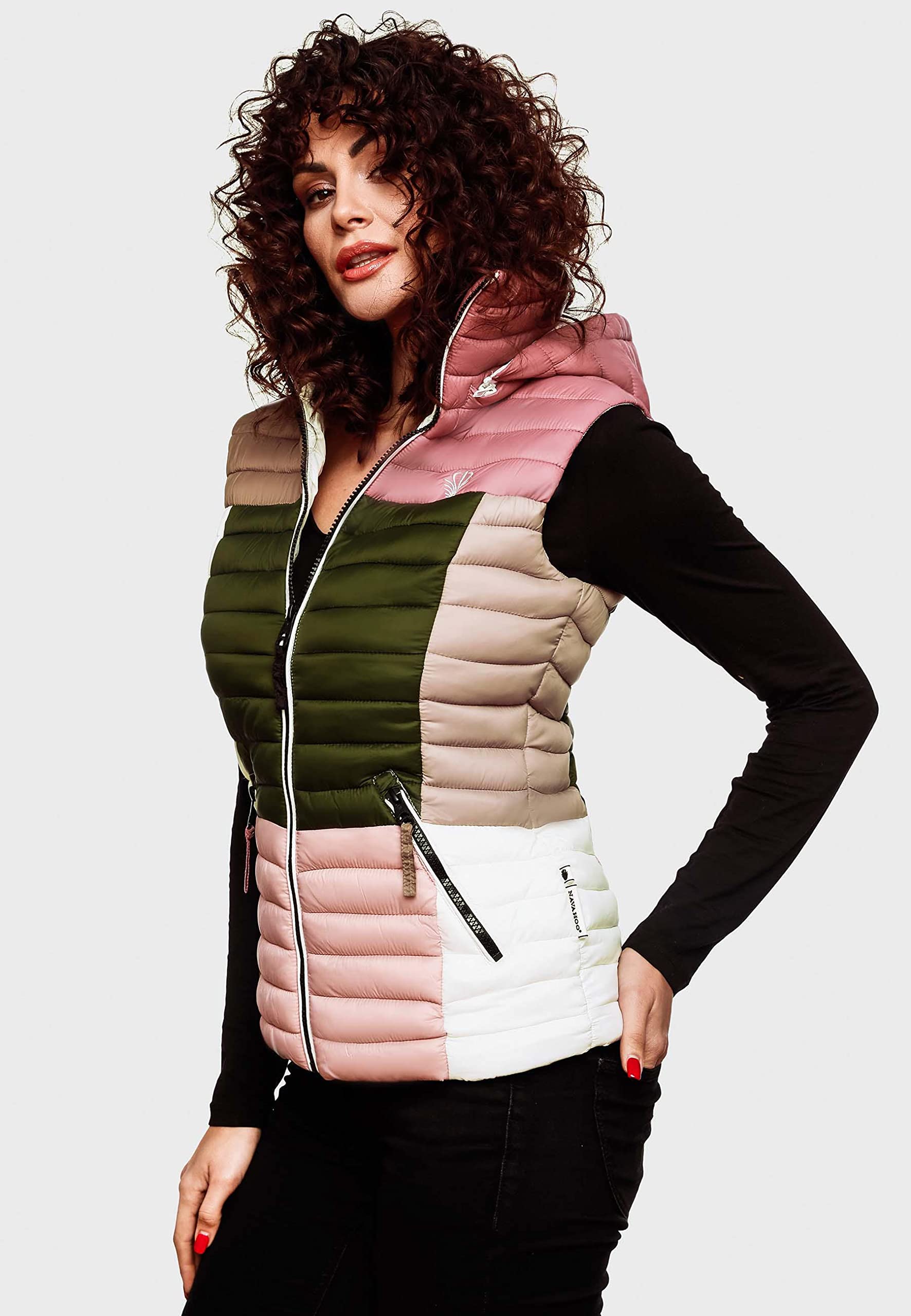 Navahoo Damen Steppweste leicht mit Abnehmbarer Kapuze Colourblocking-Stil Shadaa Multikulti XS-3XL