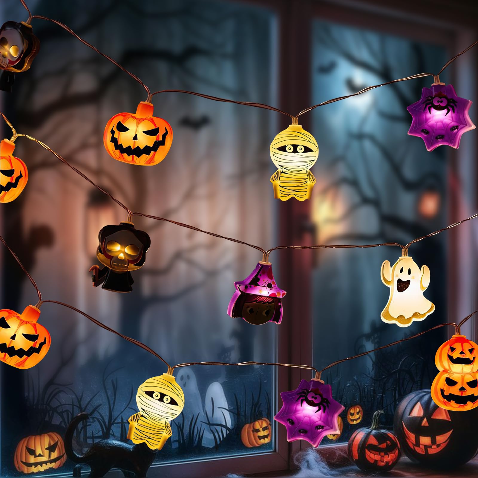QKEINV Halloween String Lights 3M20LEDS, Halloweens Lights Pumpkin Bat Spider Ghost, Halloween String Lights Battery Operated (Not Included Battery) for Home Halloweens Party Decor [Energy Class A+]
