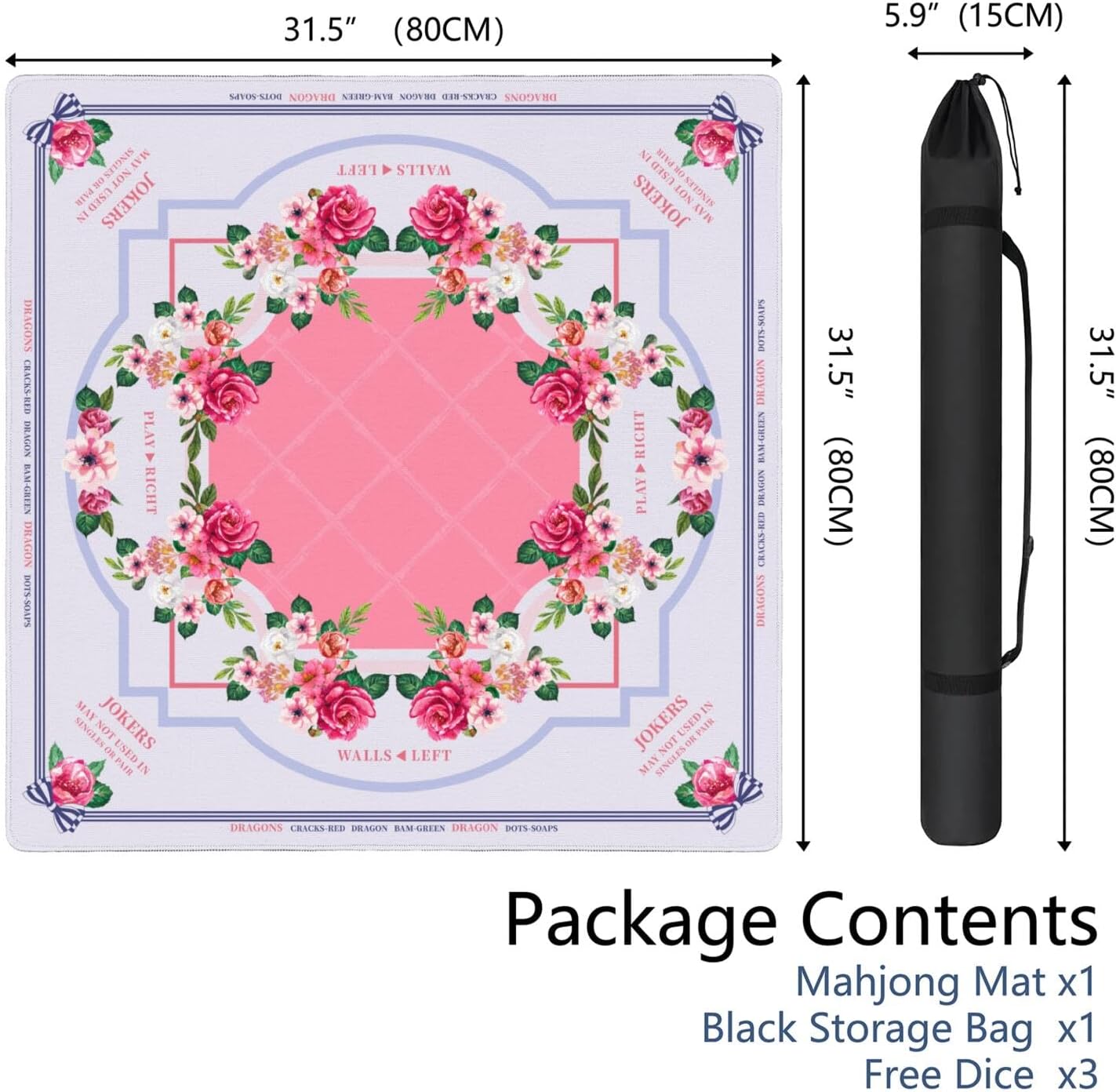 Mahjong Mat for Table with Carrying Bag & 3 Dice, Pink Floral 31.5"x31.5" Square Rubber Mahjong Table Cover, Non-Slip & Noise Reduction Gaming Mat for Mah Jongg, Poker, Dominoes & Tile Games