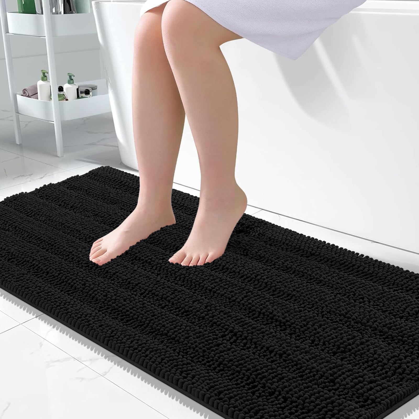 OLANLY Thick Large Bathroom Rugs 50x30, Soft Chenille Bath Rugs, Black
