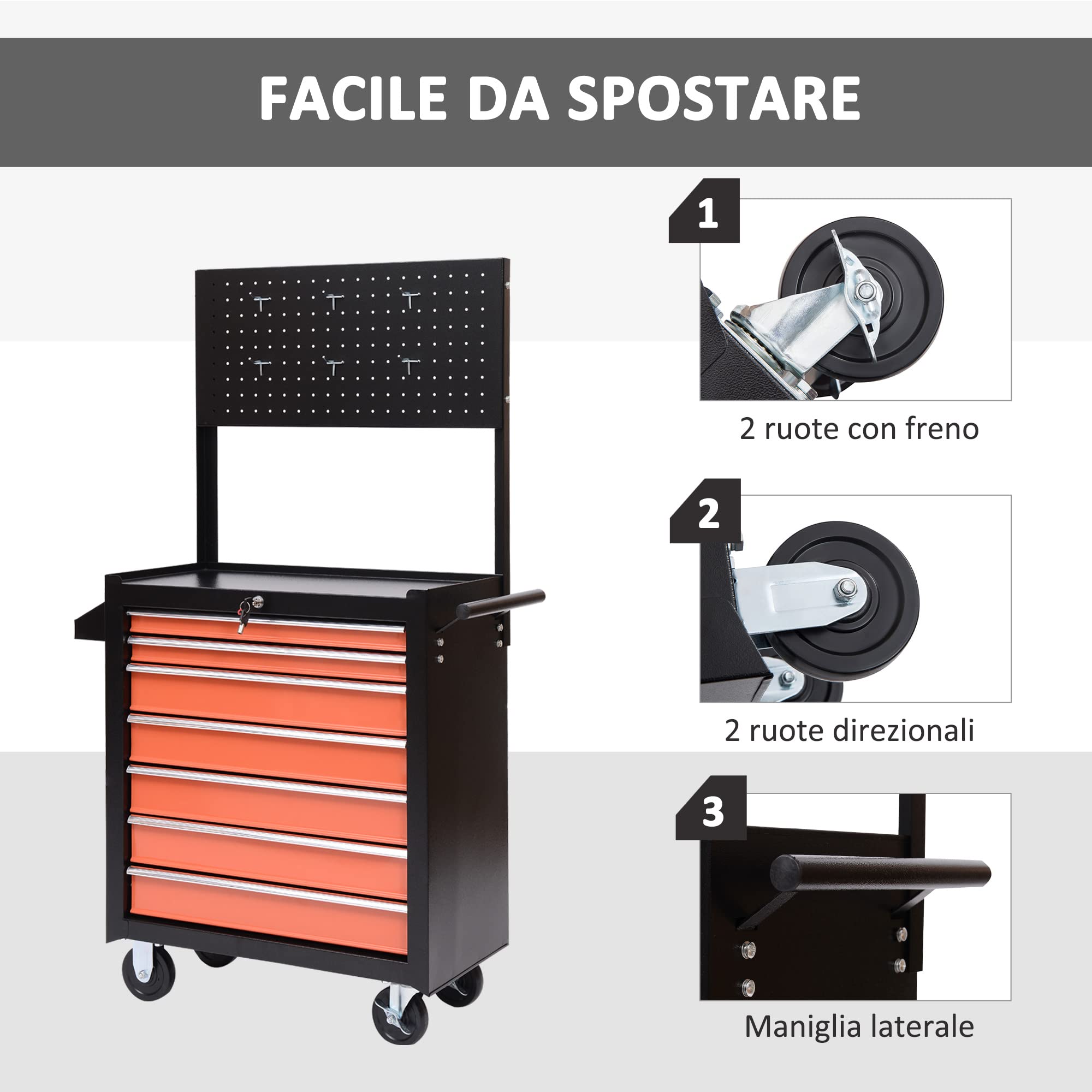 HOMCOM Carrello Porta Utensili Attrezzi 61.5 x 33 x 76cm Nero e Arancione | Attrezzatura, con Cassettiera