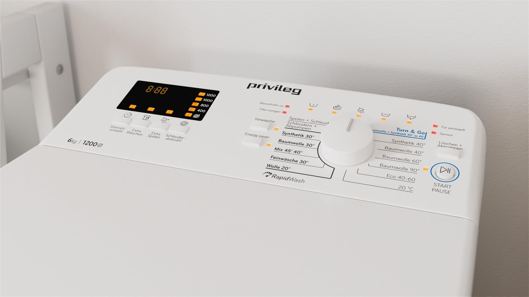 Privileg PWT C S6245E Waschmaschine Toplader/1200 UpM/6 kg/EEK C/Turn&Go Programm/Rapid Wash/Automatische Trommelpositionierung/Extra Spülen/Energy Saver/Mehrfachwasserschutz/Extra Waschen