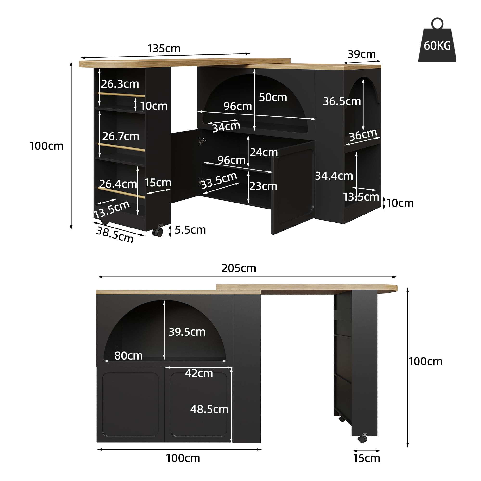 Merax Ausziehbarer Bartisch 135–205 cm,Beweglicher Bar Table mit LED & Rollen, Teleskopischer Hochtisch Kücheninsel schwarz, Bartheke mit Gewölbten Türen, Snack-Regal & Soft-Close Schrank