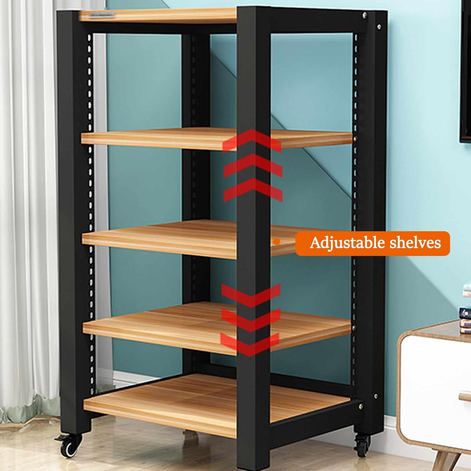 Supporto multimediale AV multipiano, armadio per componenti audio, supporto multimediale con ripiano regolabile in altezza e ruote, supporto multimediale video aperto multifunzionale per home office
