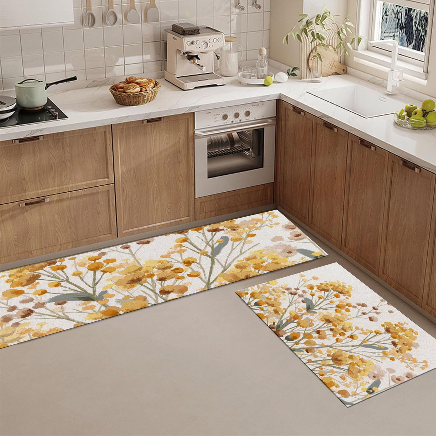 Tapis de cuisine 2 pièces vintage fleurs jaunes 40x60 40x120cm