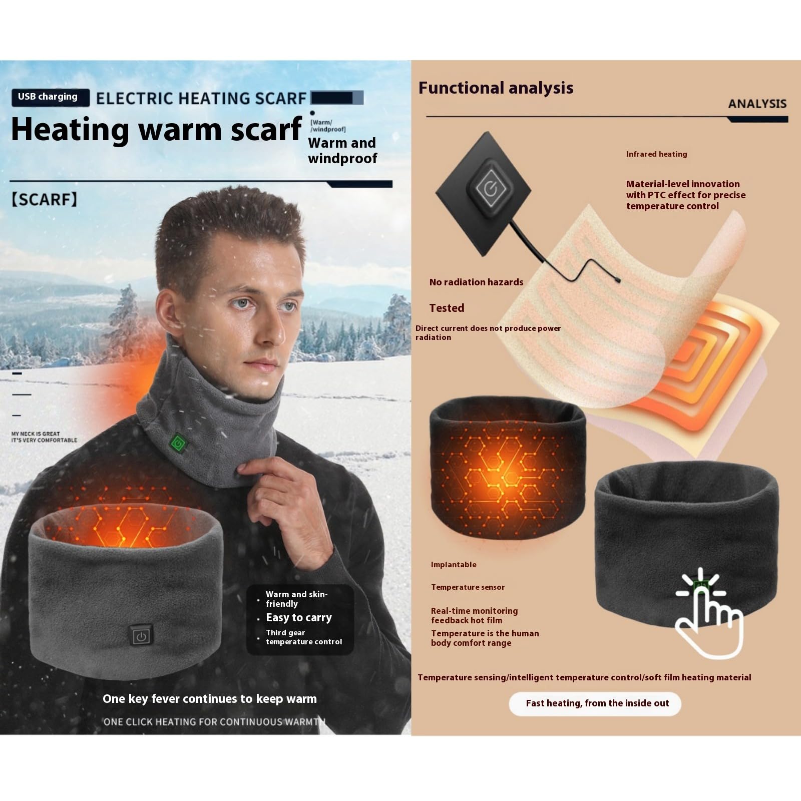 Écharpe chauffante Rechargeable,Cache-Cou Chauffant USB,Tour de Cou Chauffant cervicales,Echarpe chauffante,Convient à l'hiver pour soulager Les douleurs cervicales
