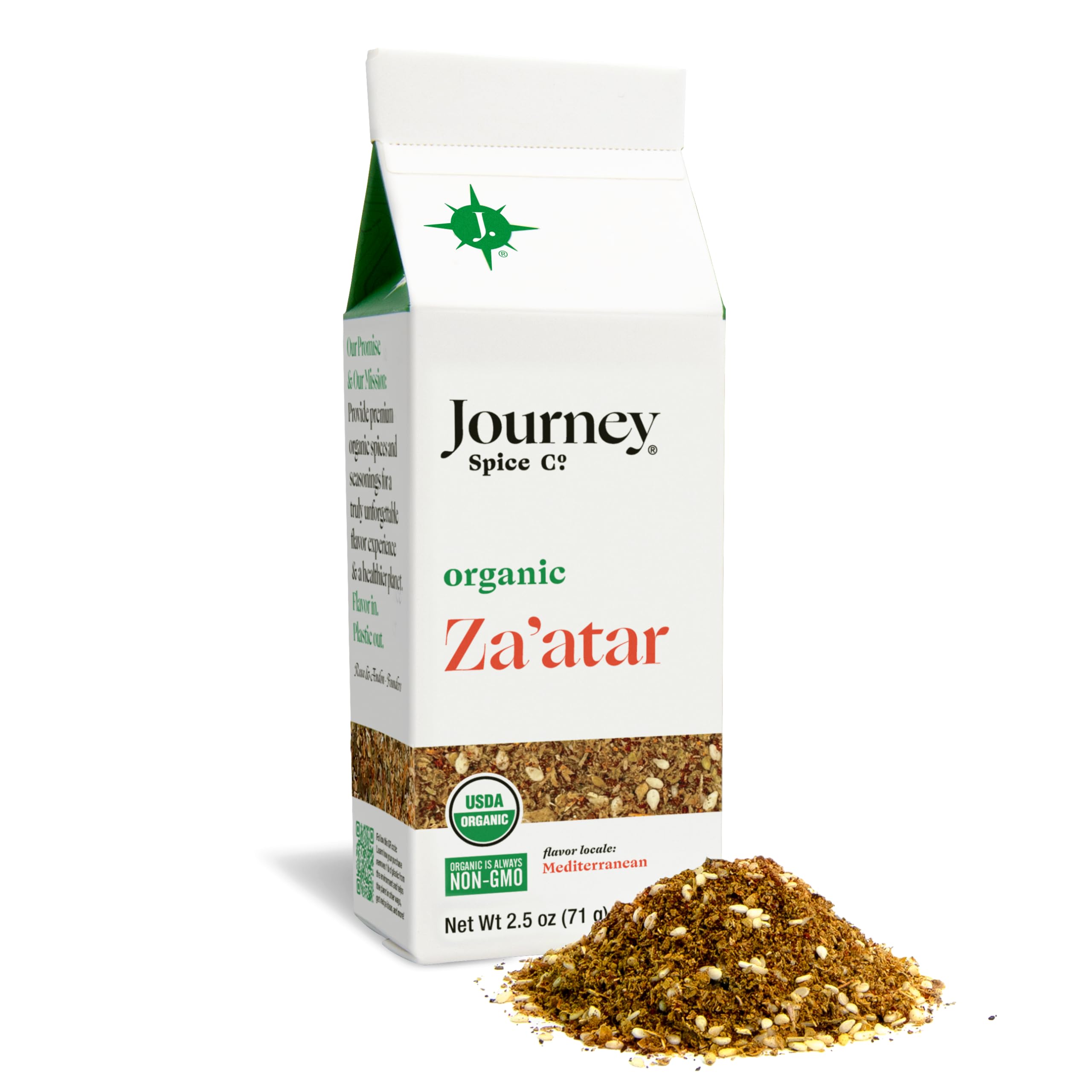 Organic Za'atar Spice Seasoning by Journey Spice Co. | Salt-Free, Sugar-Free, Non-GMO | Gourmet Mediterranean All-Purpose Spice Herb Blend | 2.5 oz. | Resealable/Reusable Cap