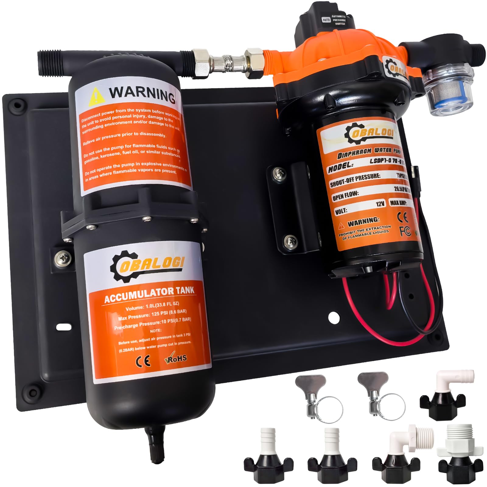12V DC RV Fresh Water Pump, 7.0GPM 75PSI, Five Chamber Self-Priming Diaphragm Pump, with 1L Pressure Tank
