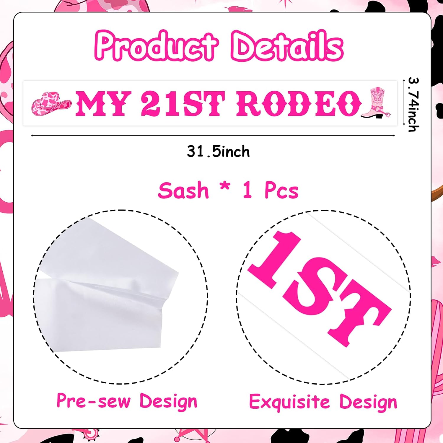 JOYMEMO My 21st Rodeo Birthday Sash for Her, Hot Pink Western Cowgirl 21st Rodeo Sash Decorations, West Horse Racing Party Favor, Disco Cow 21 Years Old Birthday Party Supplies