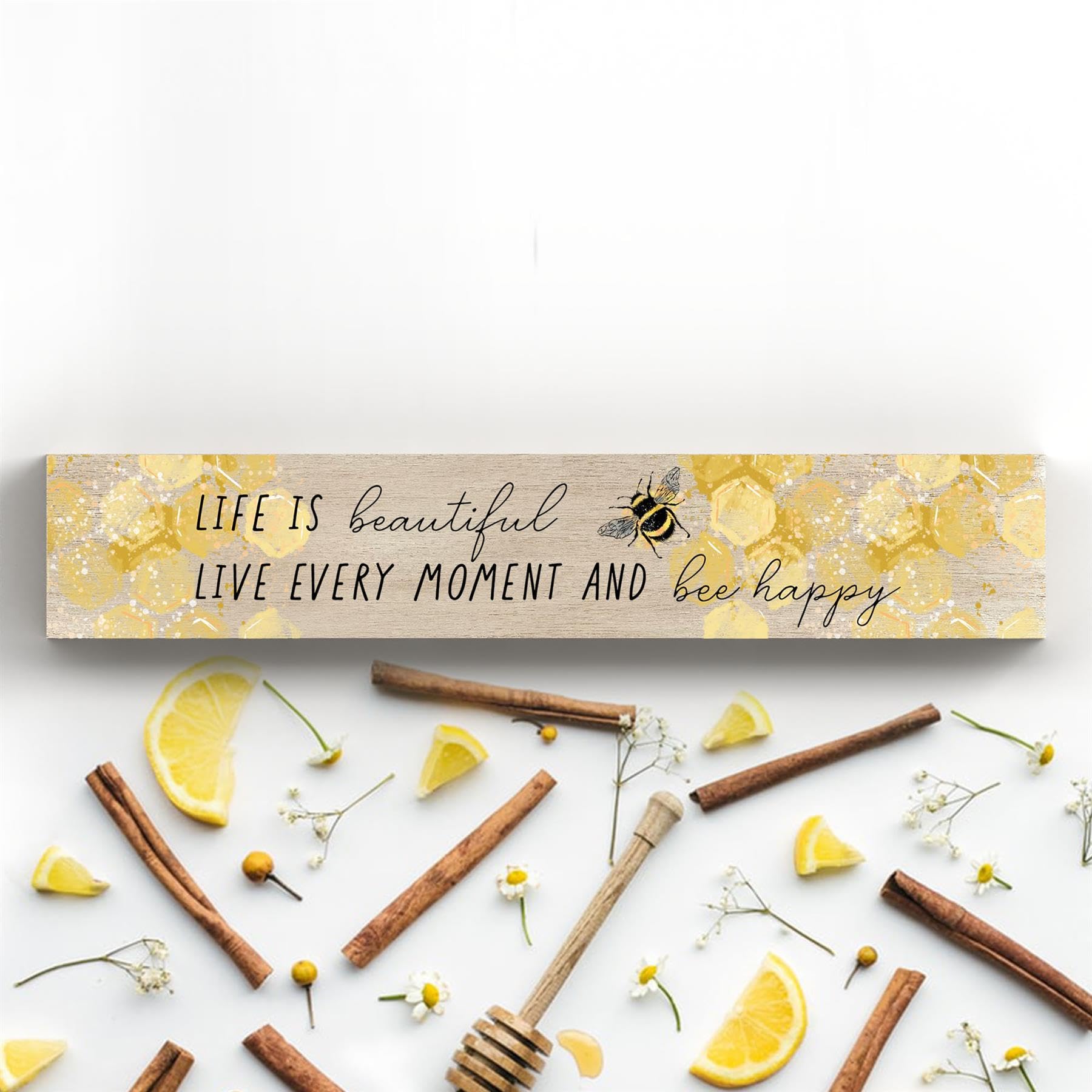 LIVE EVERY MOMENT BUMBLE AND LAVENDER TYPOGRAPHY WOODEN NOVELTY BLOCK