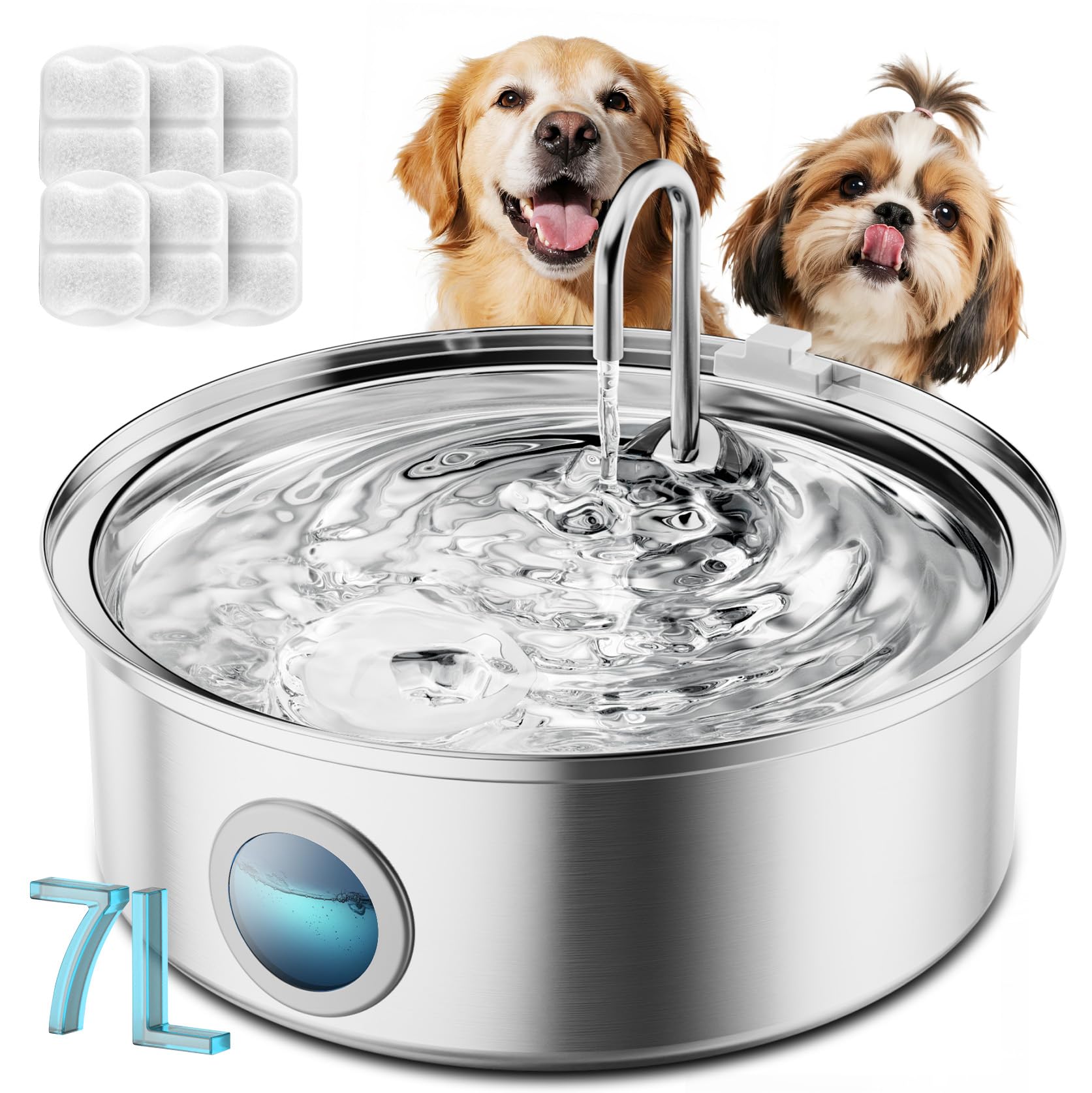 Oneisall Pet Water Fountain with 8Set Filters, 7L/230oz Quiet Dog Water Dispenser, Stainless Steel Dog Fountain with Visual Water Level&4-Layer Filtration for Large Dogs