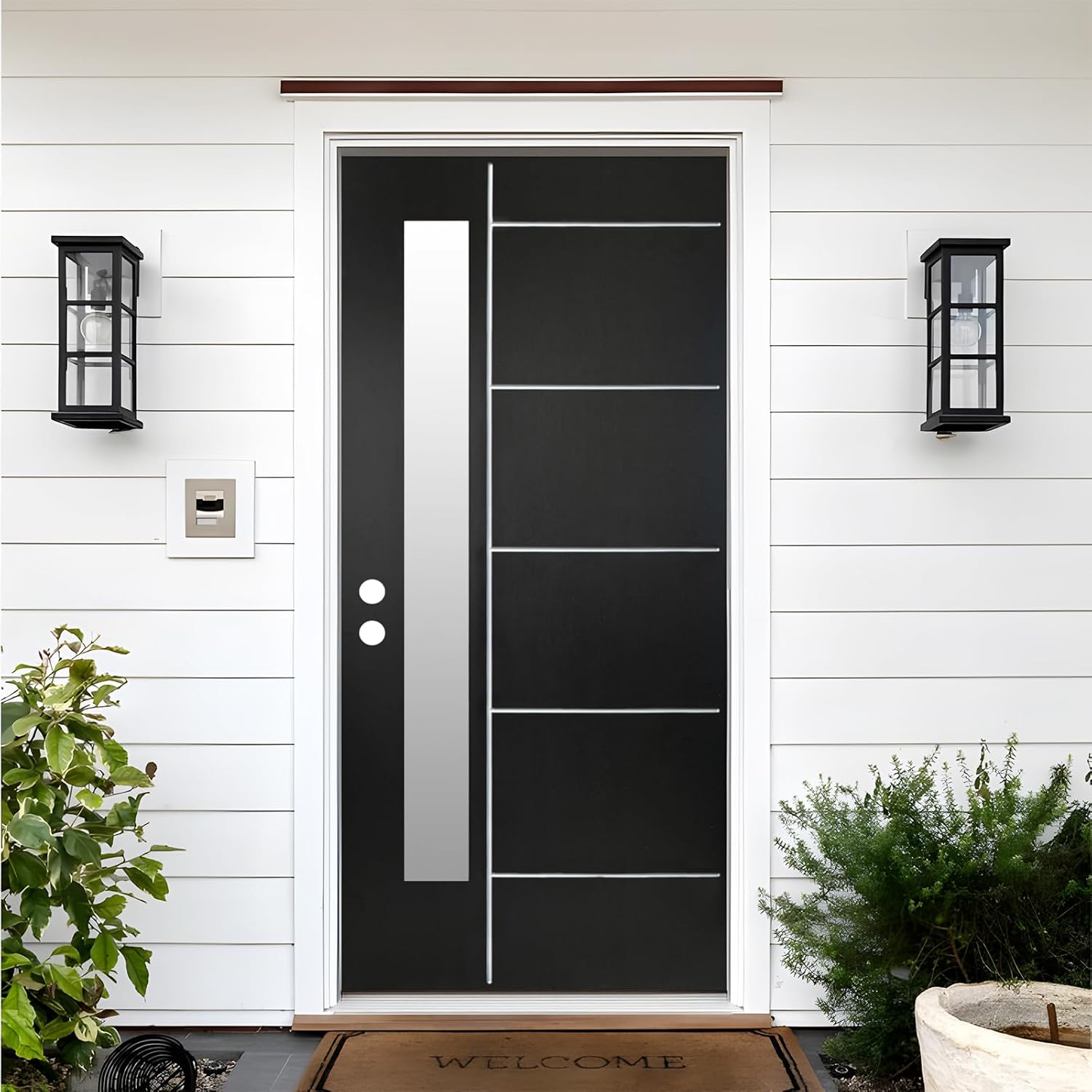 36x80'' Black Fiberglass Exterior Front Doors for Home, Modern Front Door for House Exterior Right-Hand Knock-Down Entry Door with Brickmould and Vinyl Frame, Brushed Textured and Frost Glass
