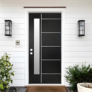 36x80'' Black Fiberglass Exterior Front Doors for Home, Modern Front Door for House Exterior Right-Hand Knock-Down Entry Door with Brickmould and Vinyl Frame, Brushed Textured and Frost Glass