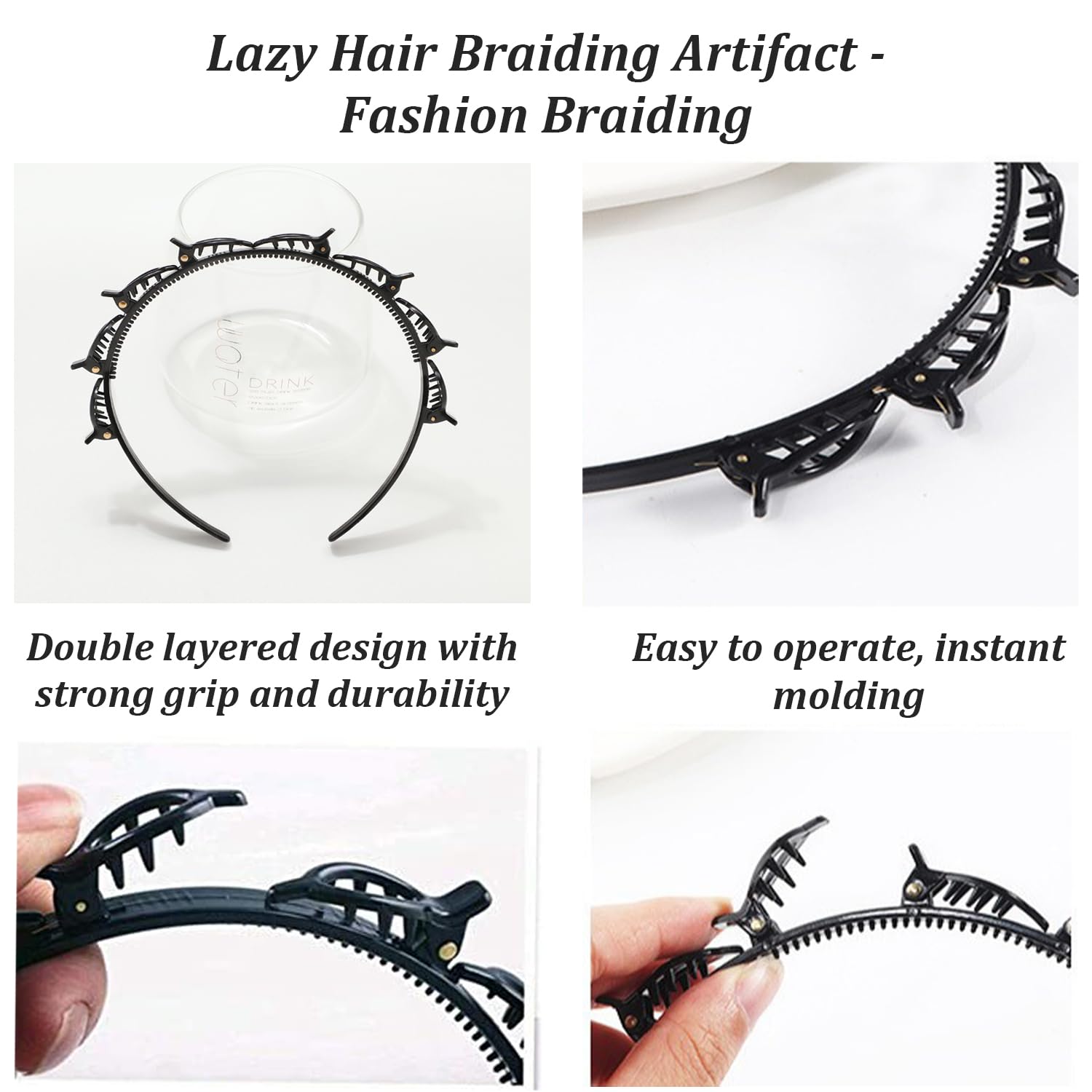 Diadema con Pinzas y Horquilla de Doble Flequillo, Diademas con Clips de Plástico Unisex Negro