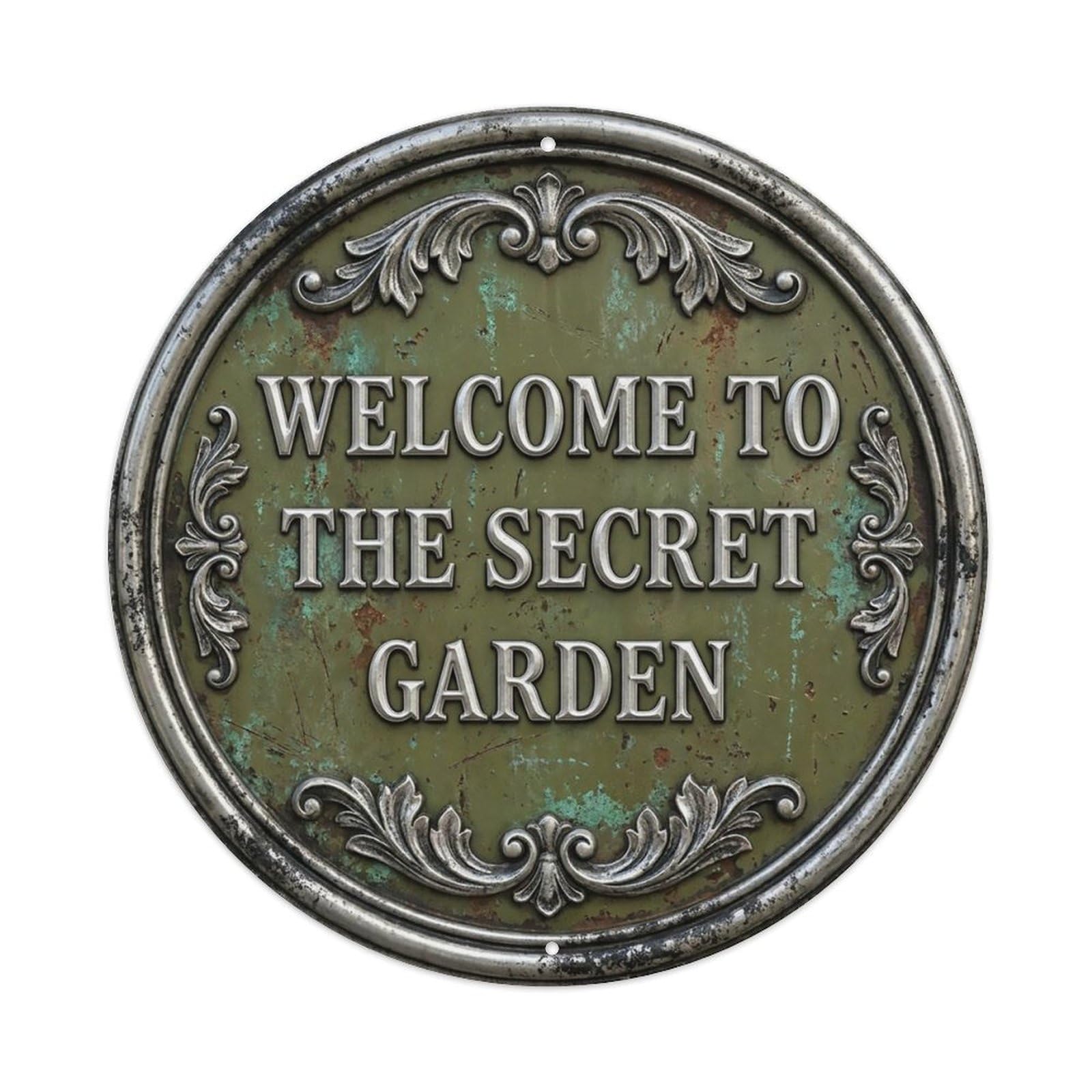 Vintage Welcome Secret Garden Silver Olive Flourish Metal Tin Sign