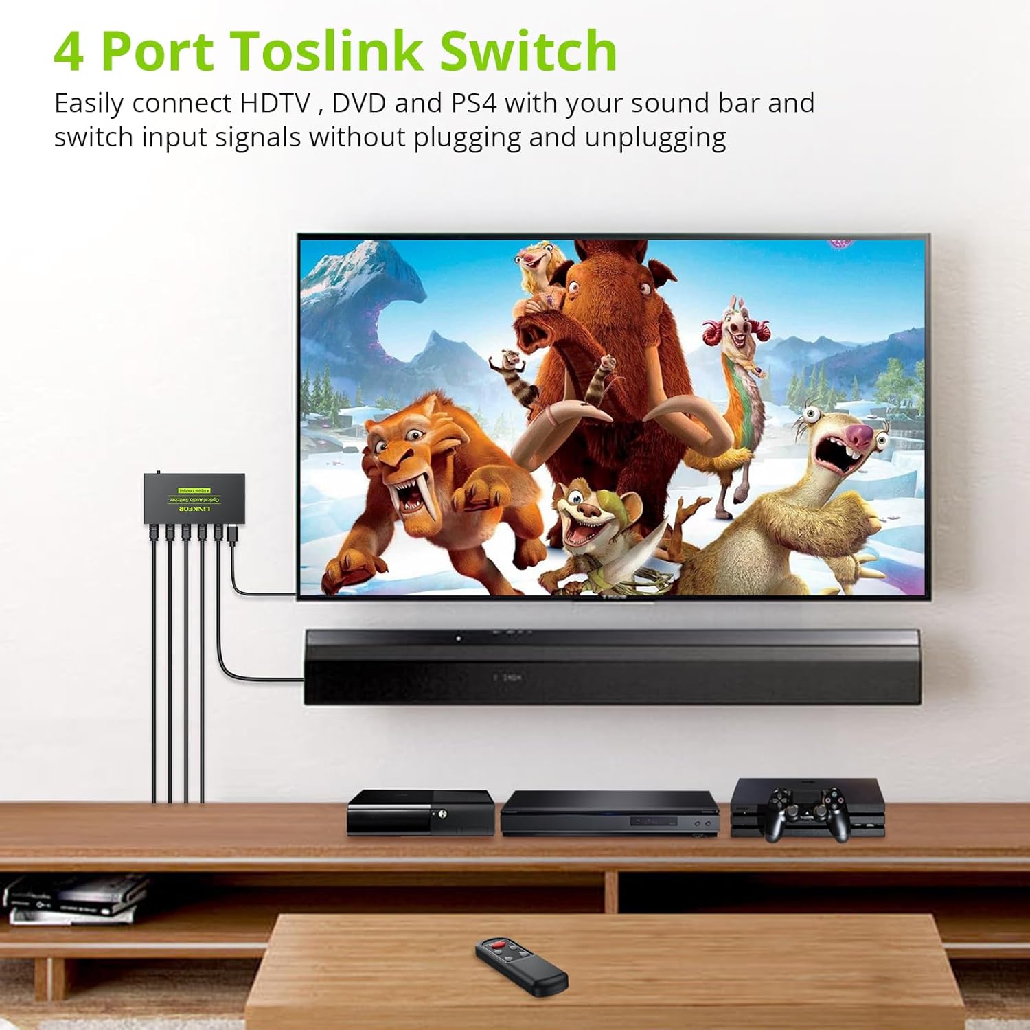 Image showing the LiNKFOR Digital Toslink Optical 4x1 Switch connected to a TV, PS4, and soundbar in a home entertainment setup.