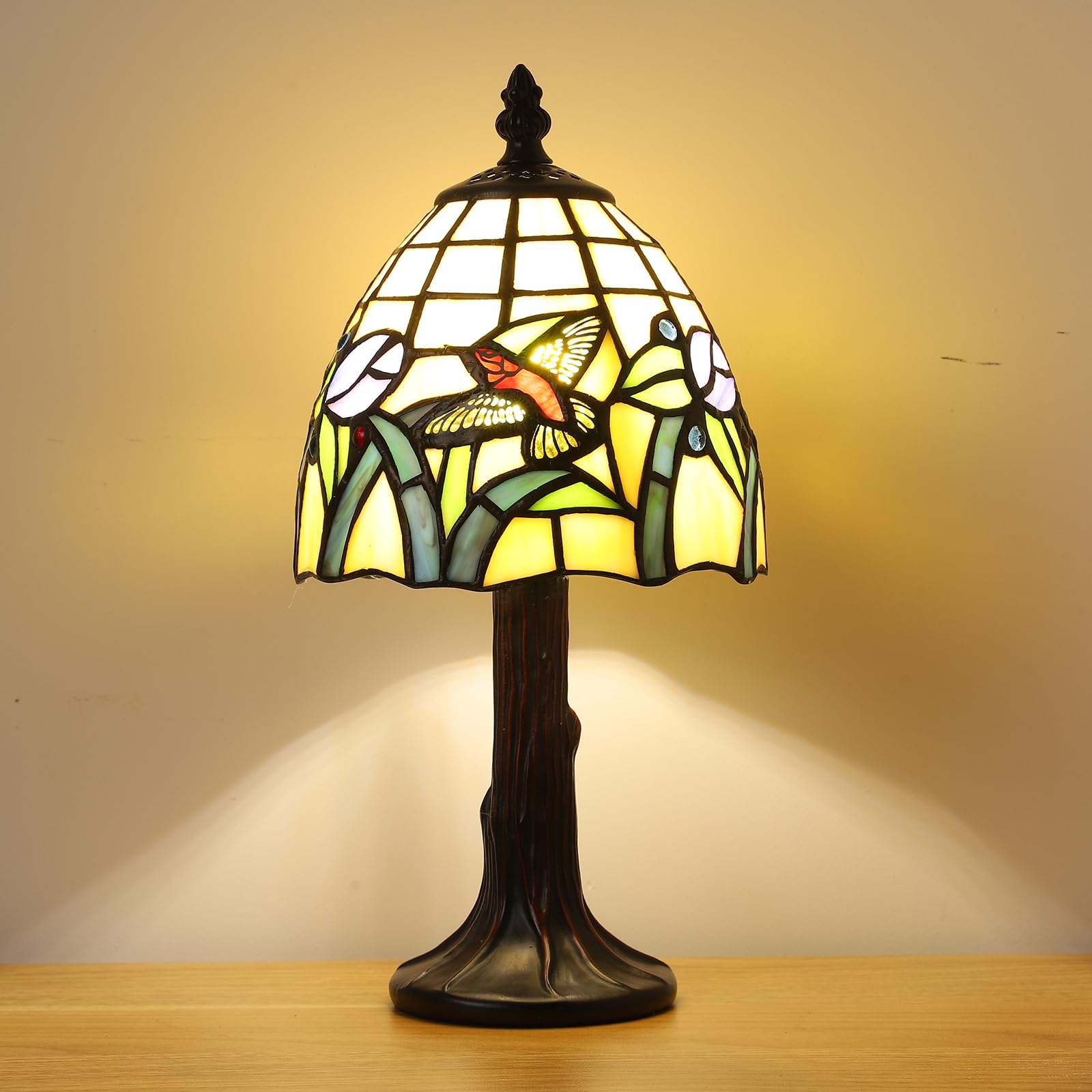 small tiffany table lamp,3 color temperature hummingbird stained glass table lamps for living room, dining room,bedroom bedside nightstand night light,w/led bulb,6x6x13inch