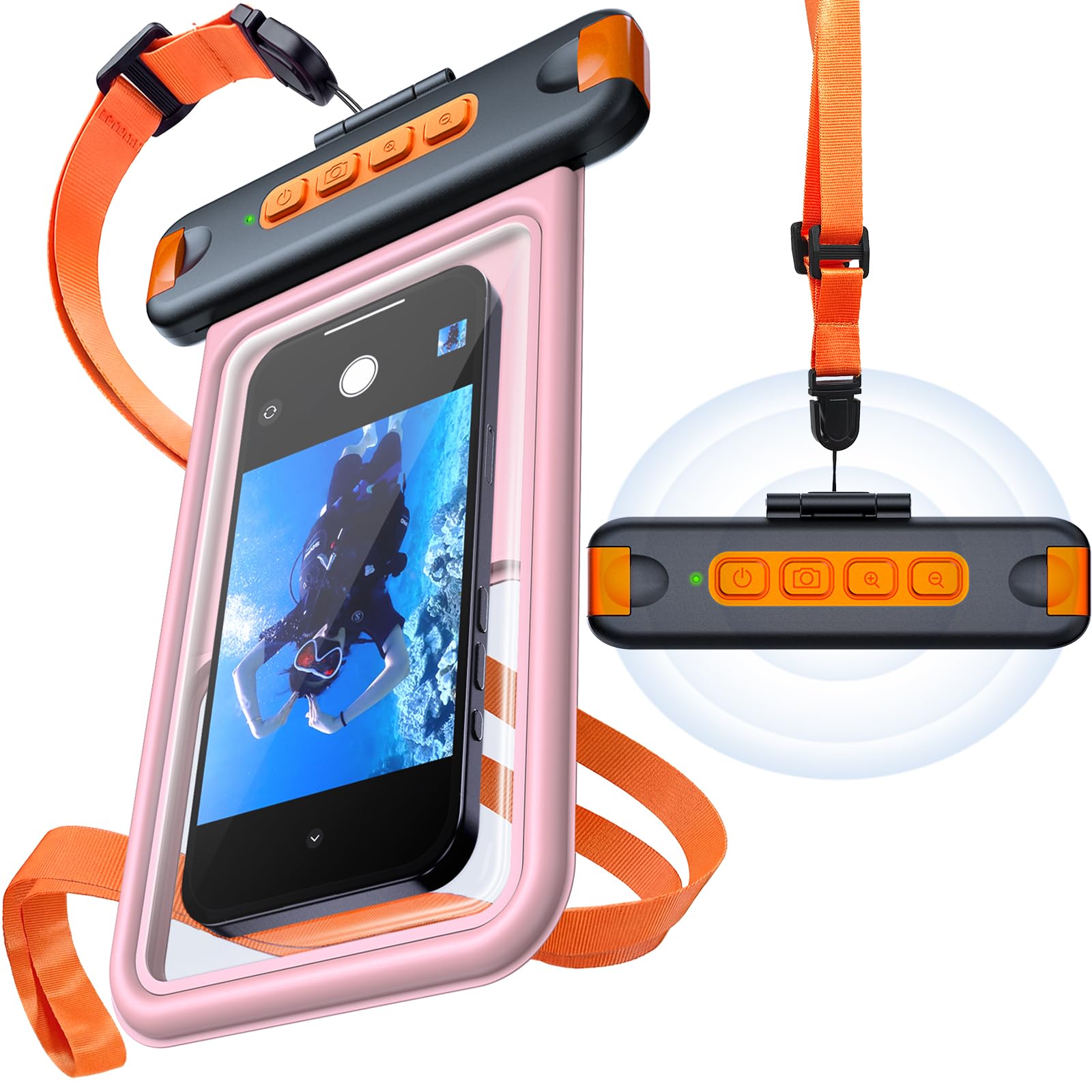 Ratcase IP68 블루투스 셔터 방수 폰 파우치 케이스, 떠 다니는, 핑크 | 핸즈프리 사진 및 비디오 수중 제어. 대형 방수 폰 케이스 범용 핏 8.5인치 휴대폰(아이폰 삼성 구글)