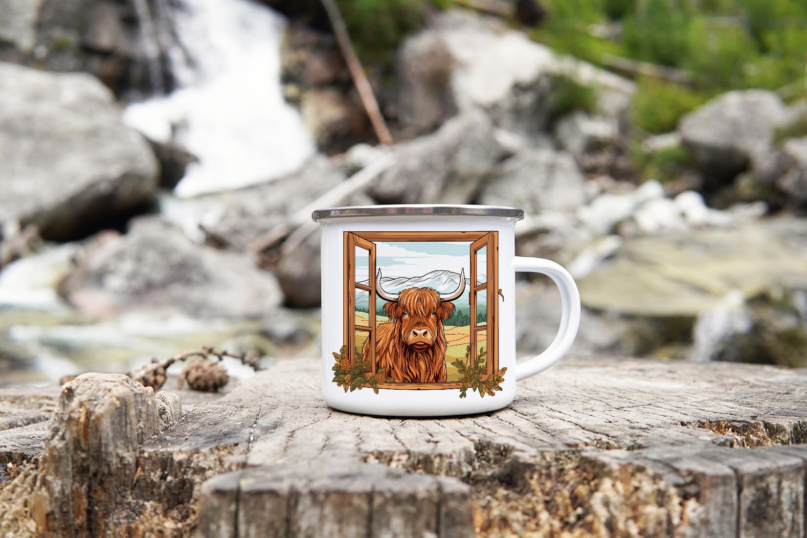 MAXIKIWI - Durable Enamel Coffee or Tea Camping Mug for Indoor Outdoor Use - Funny Highland Cow Outside The - 350ml - Image 3