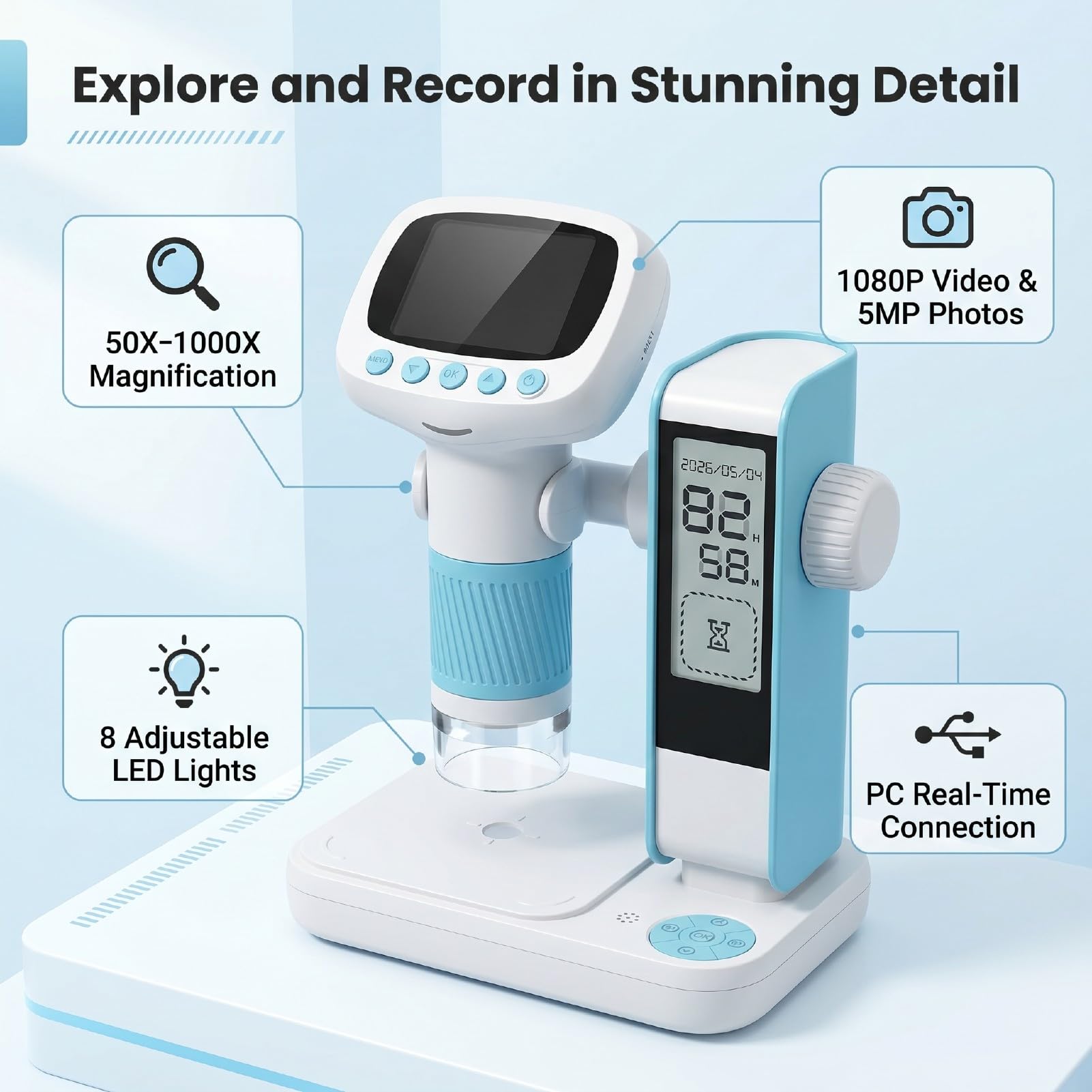 Srliya Microscopio Digitale Portatile 1080P 1000X Telecamera di Ispezione per Microscopio Portatile USB Regolabile con 8 Luci a LED per Bambini Adulti