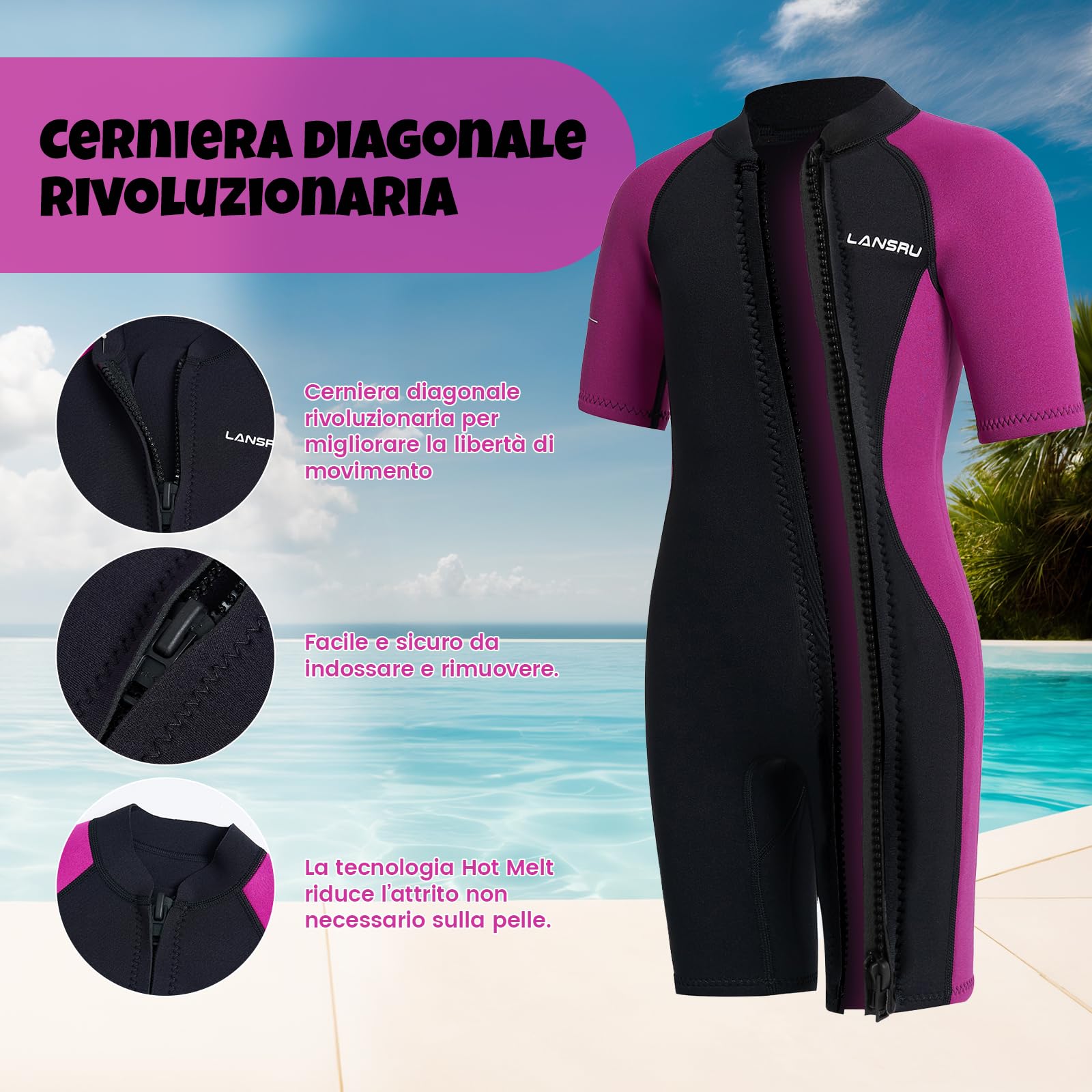 Muta in neoprene per bambini – 2,0 mm corta in neoprene per ragazzi, con chiusura lampo pionieristica, protezione UV, termica, per surf, nuoto e immersioni