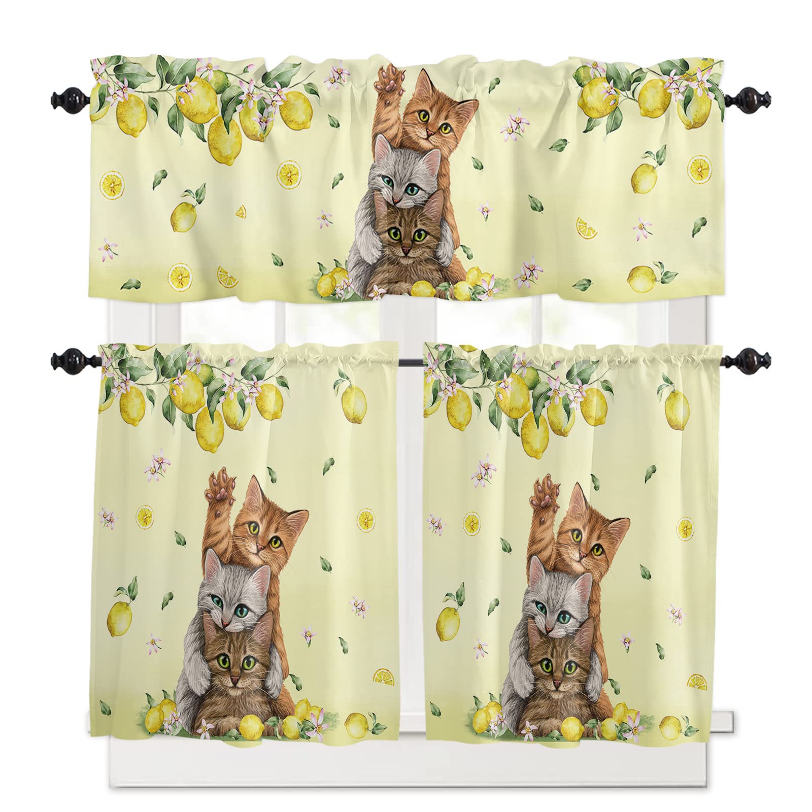 BABE MAPS 3 Piece Polyester Kitchen Curtains and Valances Set - Lemon Tier and Valance Window Curtains Set for Living Room Bedroom Bathroom, Cute Cats with Summer Yellow Lemons Flowers